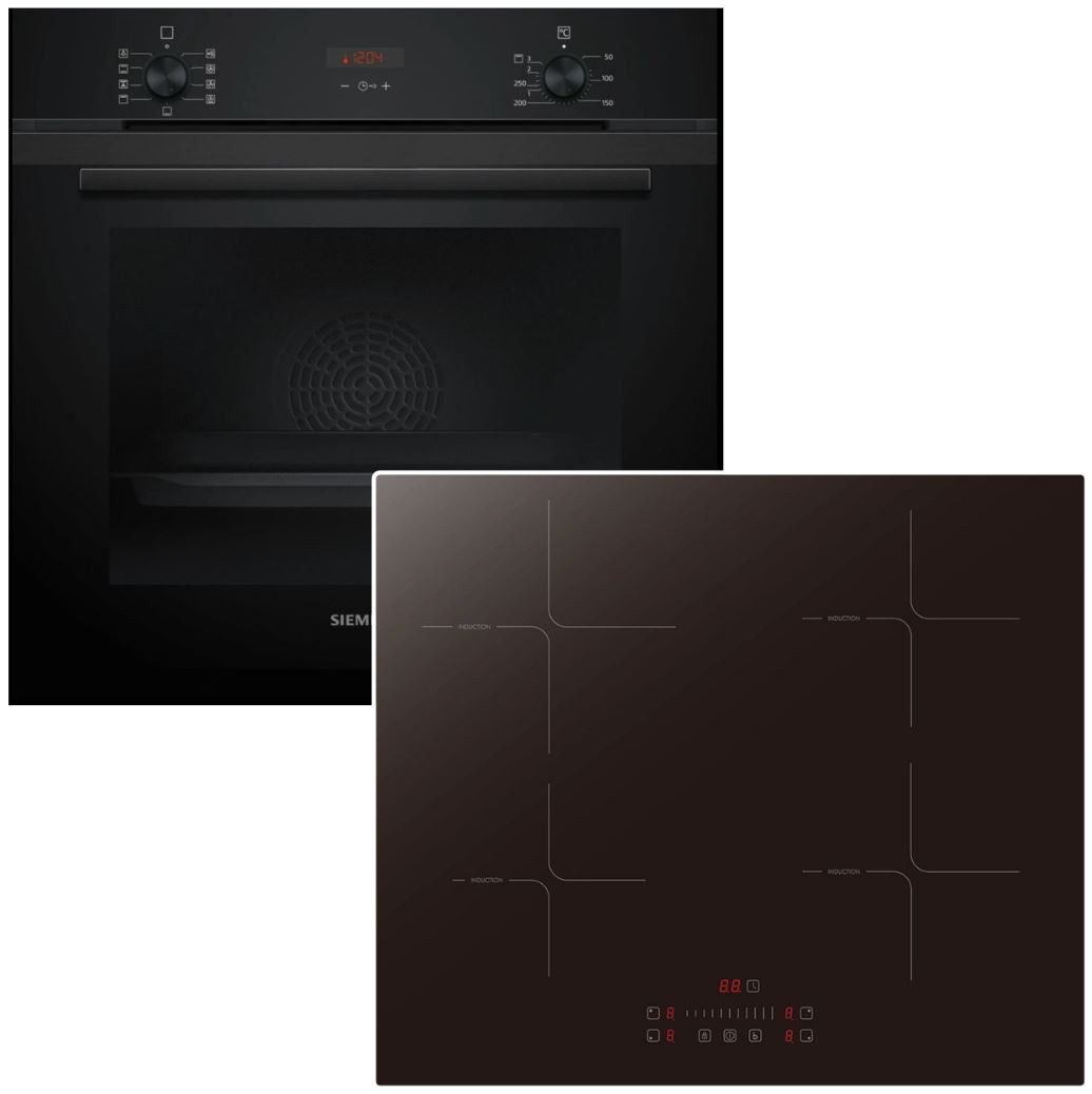 SIEMENS Backofen-Set Schwarz 71 Liter Heißluft Booster + PKM Induktionskochfeld SliderTouch, mit 1-fach Teilauszug, Hydrolyse