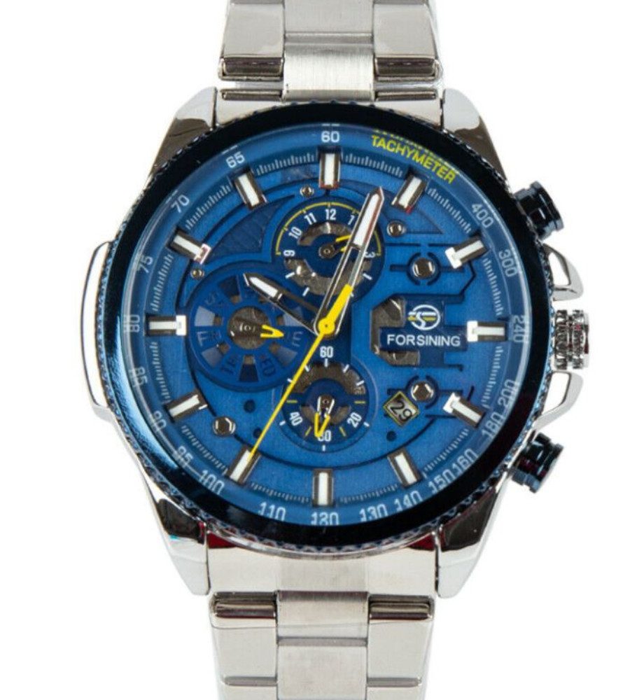 Rötting Design Automatikuhr Herrenuhr Armbanduhr Marke Forsining blaues Ziffernblatt Edelstahl, Datum Wochentag Monats Anzeige