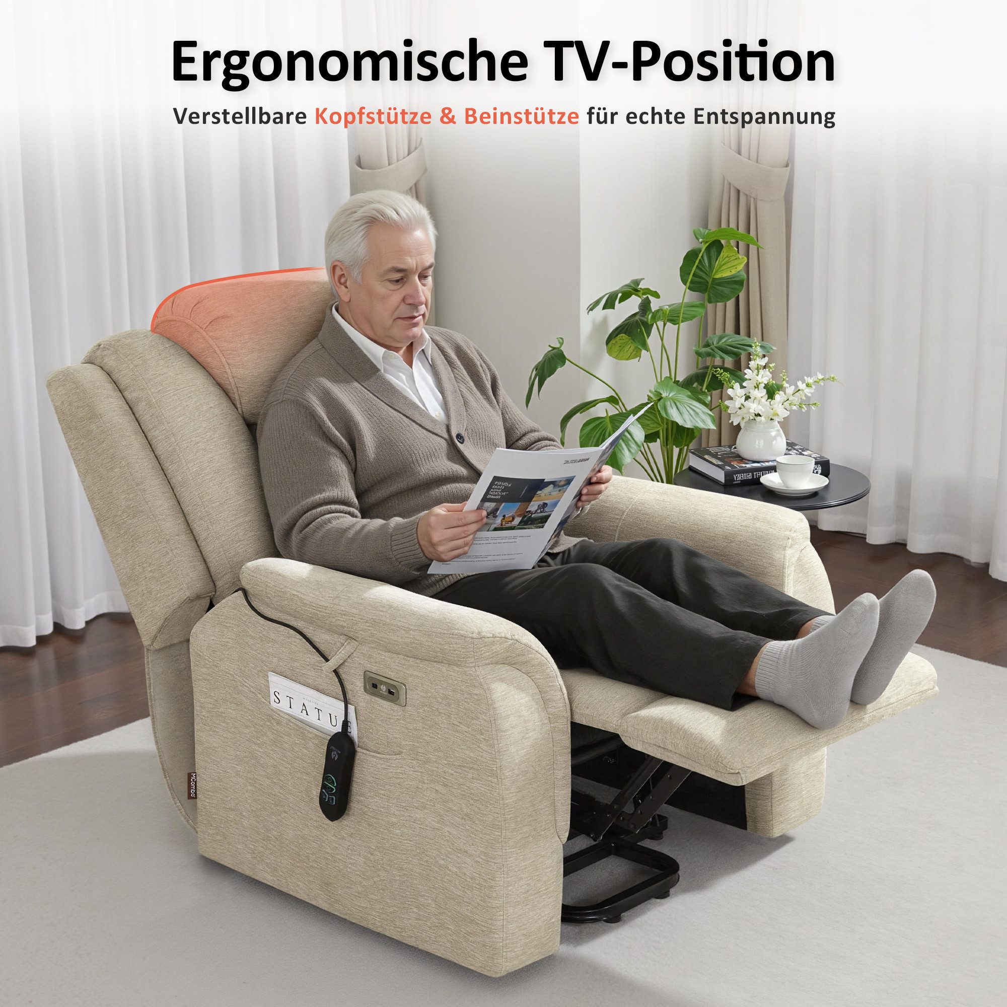MCombo Relaxsessel M MCombo Fernsehsessel mit Aufstehhilfe, Verstellbare Kopfstütze, 7269, mit Rollen, Massage & Heizung, 35D Vollschaum-Sitzkissen