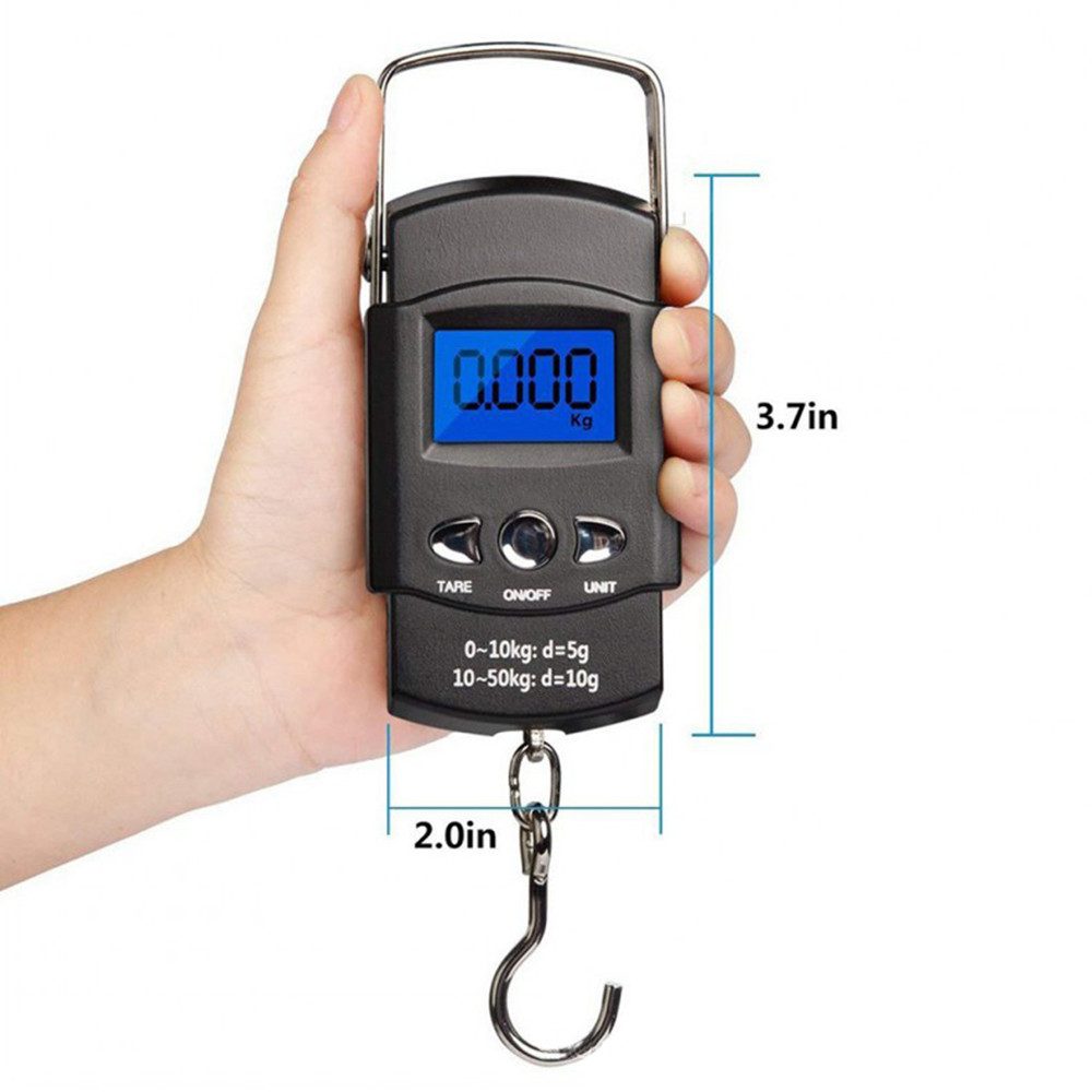 GARRYFIZH Feinwaage Kofferwaage Digital 50kg mit Maßband LCD Gepäckwaage Anglerwaage, Blau hinterleuchtetes LCD-Display