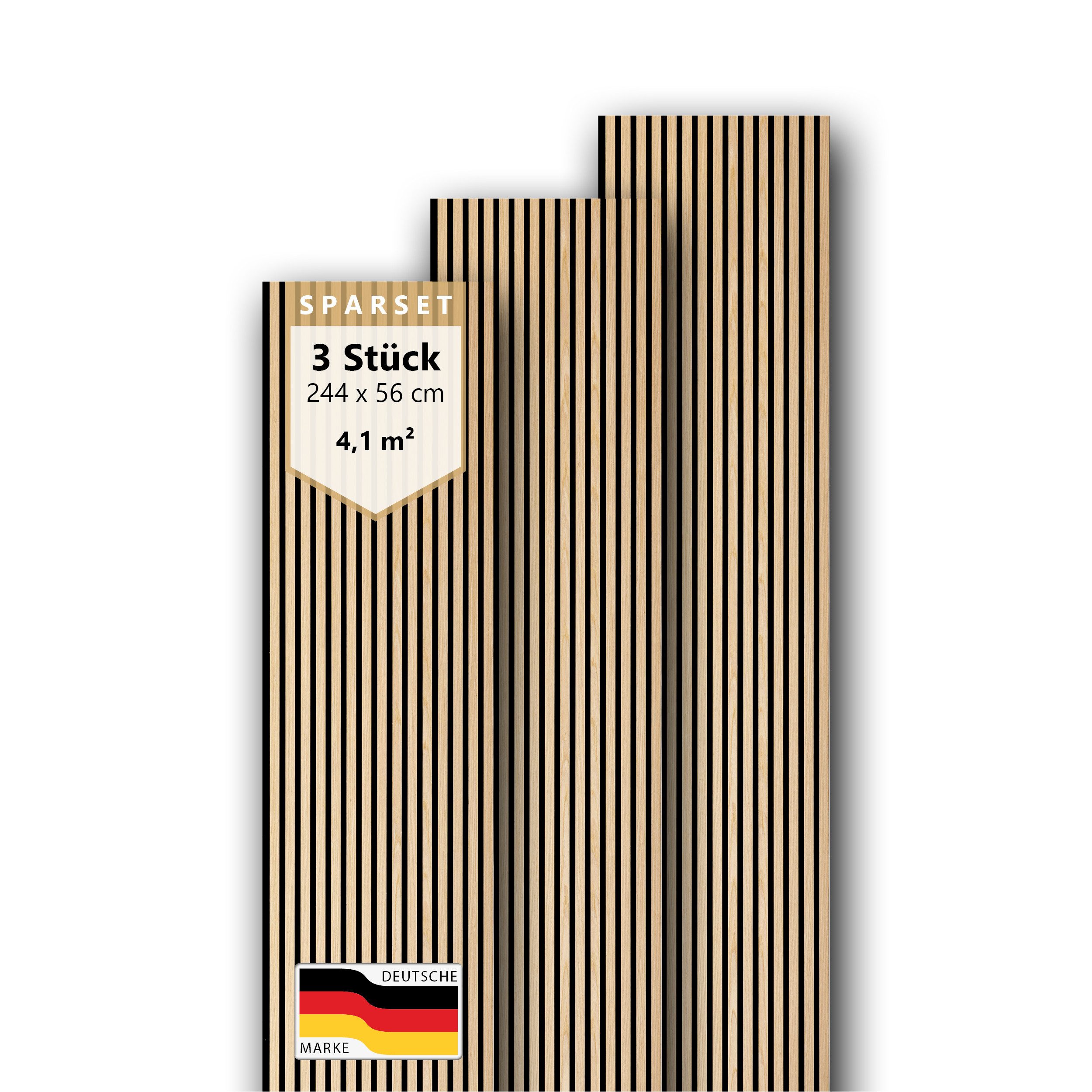SONIDO Wandpaneel Sparset XXL Premium Akustikpaneele mit Eiche Echtholzoberfläche, BxL: 56,00x244,00 cm, (Sparset mit 2, 3 oder 4 Paneelen, 3-tlg., Versandkostenfreie Lieferung) 15 Leisten mit schwarzem 9 mm Filz-Akustikträger je Paneel