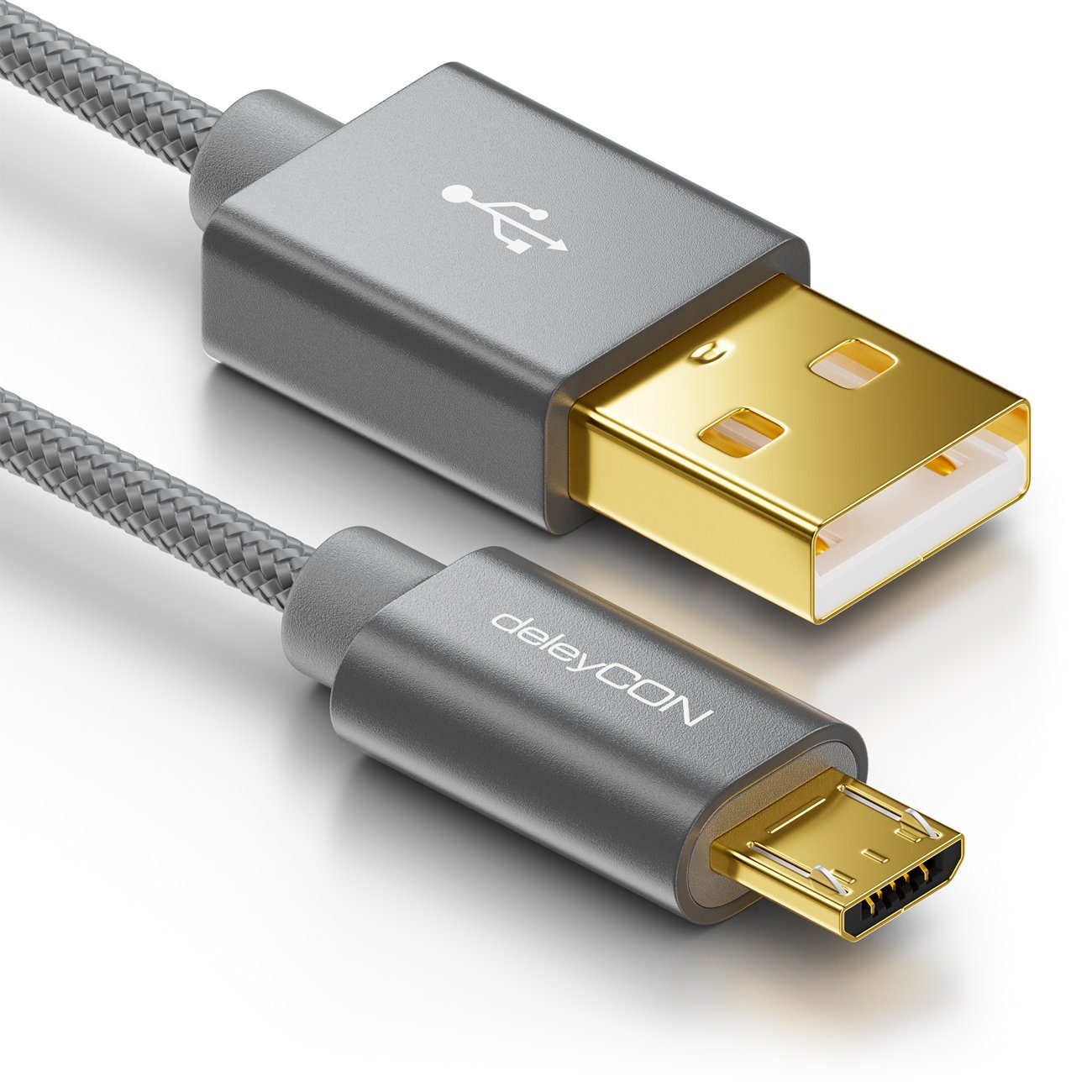 DeleyCON Micro USB Kabel 2m Nylon + Metallstecker - Silber | Android & Co ( USB) | Ladekabel | Smartphone & Tablet
