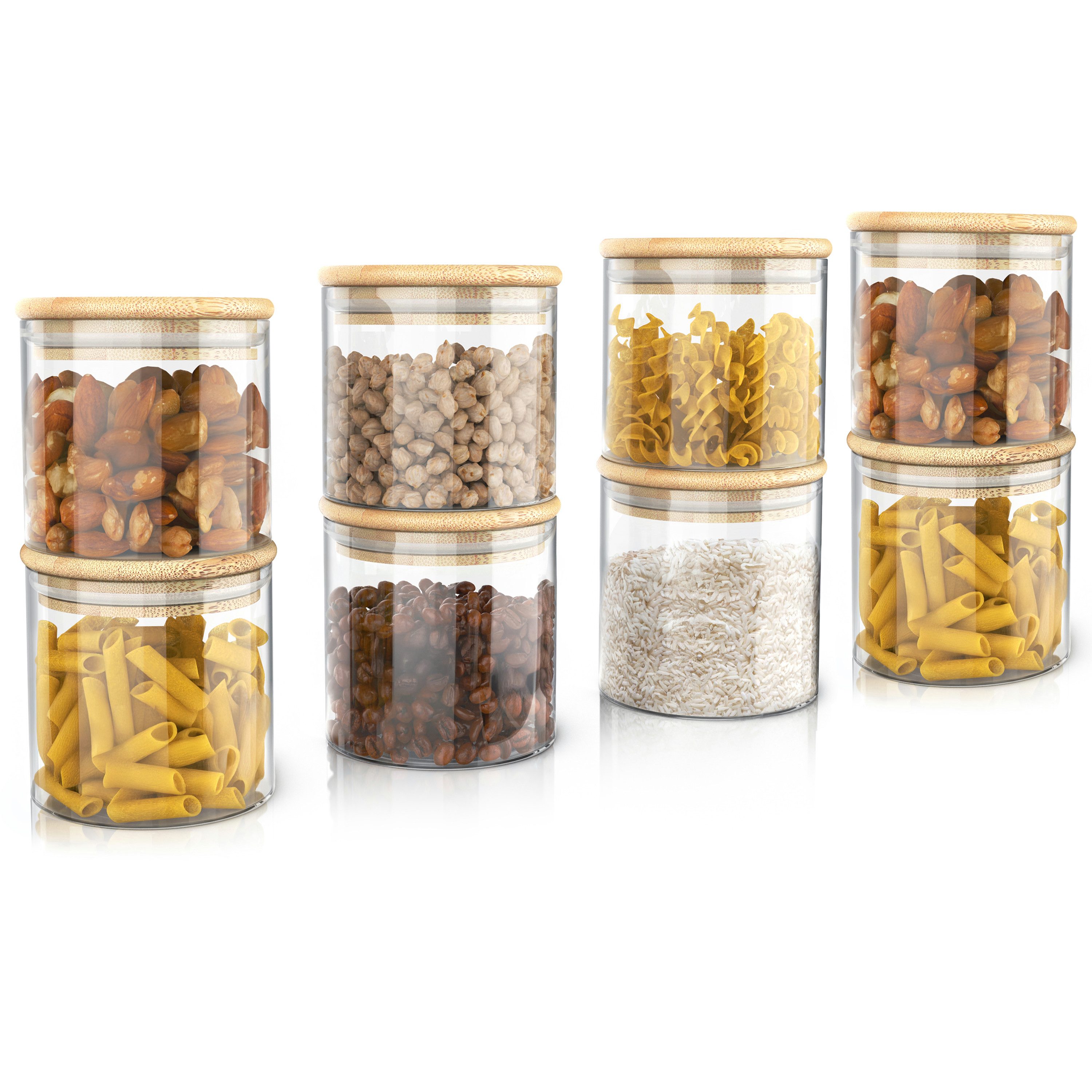 Arendo Aufbewahrungsbecher Glasbehälter-Set 8x 0,75 L Borosilikatglas mit Bambusdeckel, luftdicht, Borosilikatglas; Bambus; Silikon, (Vorratsbehälter-Set, 8-tlg., 8er Set), Hitzebeständig, umweltfreundlich, langlebig, mikrowellengeeignet