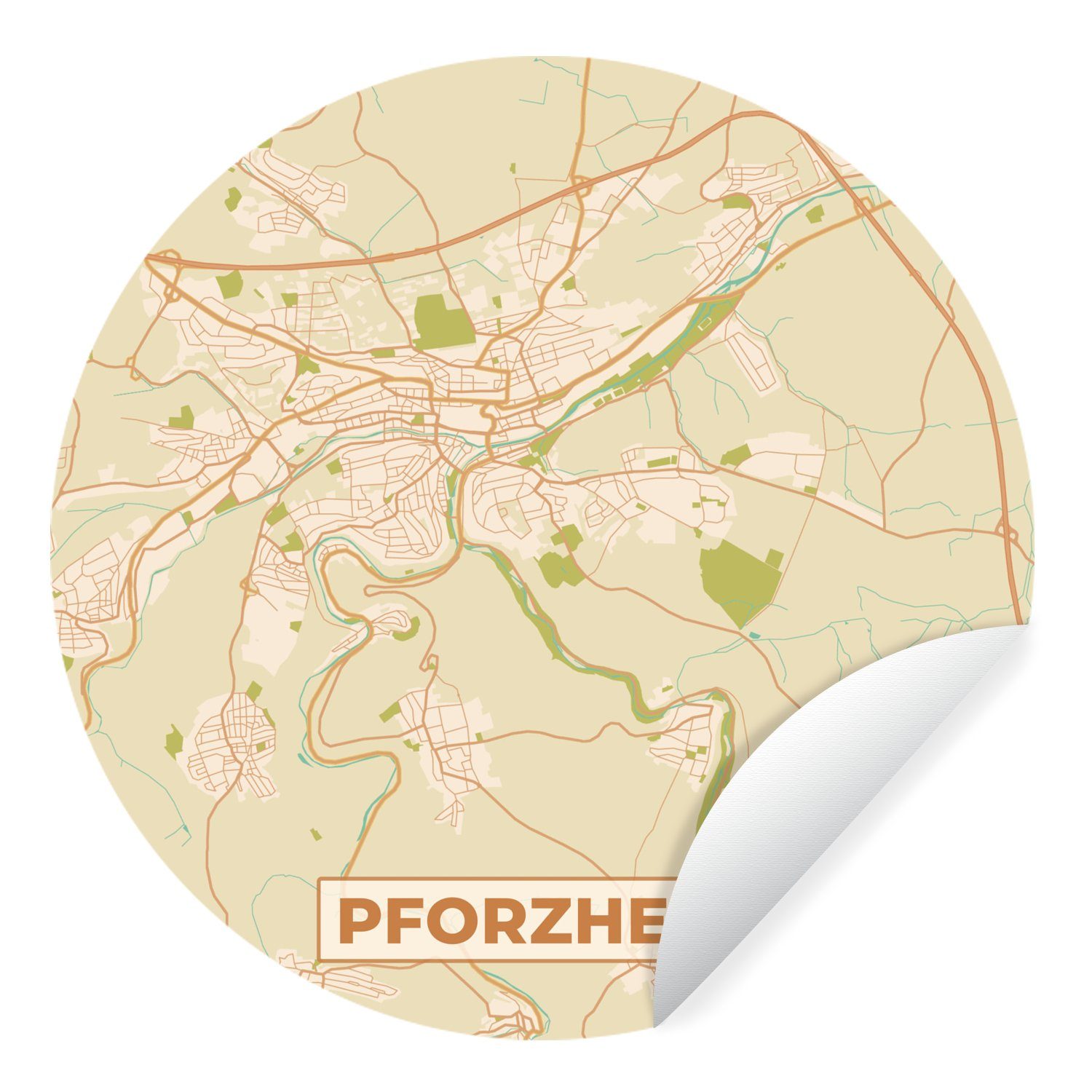 MuchoWow Wandsticker »Pforzheim - Karte - Vintage - Stadtplan« (1 St),  Tapetenkreis für Kinderzimmer, Tapetenaufkleber, Rund, Wohnzimmer