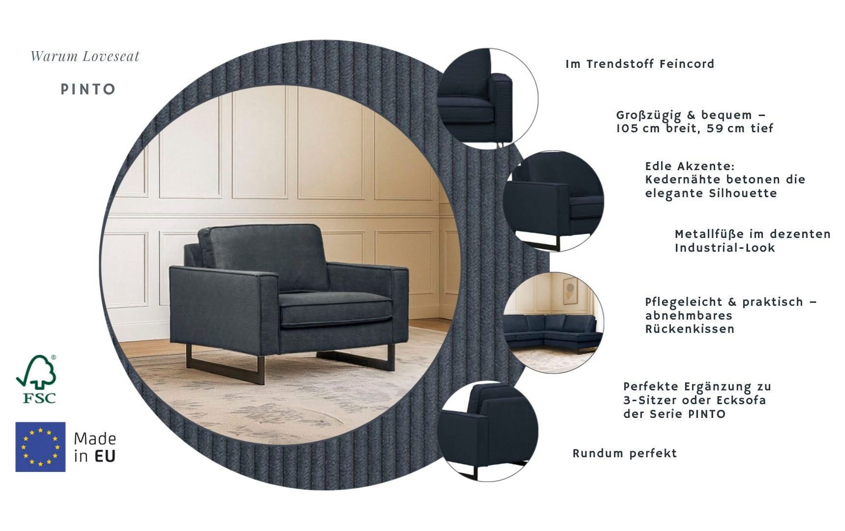 Home affaire Loveseat Pinto 105 cm, Cord, Chenille, Lederoptik, mit Keder, Metallfüßen und auch in Cord Bezug erhältlich