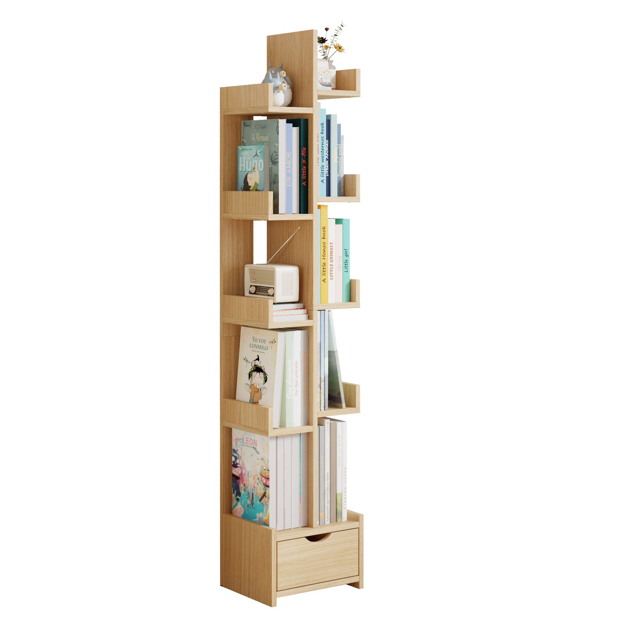 Bücherregal Schmales Regal mit Schublade, beige, MDF, 40×25×140 cm