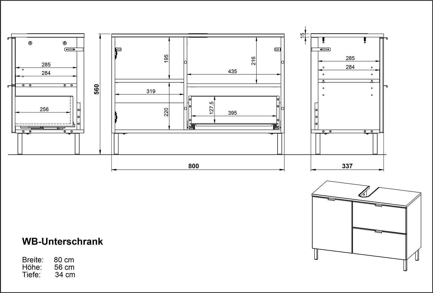 cm) mit einer einer 415 in anthrazit, Tür hellbraun Schublade (BxHxT: 80x56x34 und möbelando Waschbeckenunterschrank