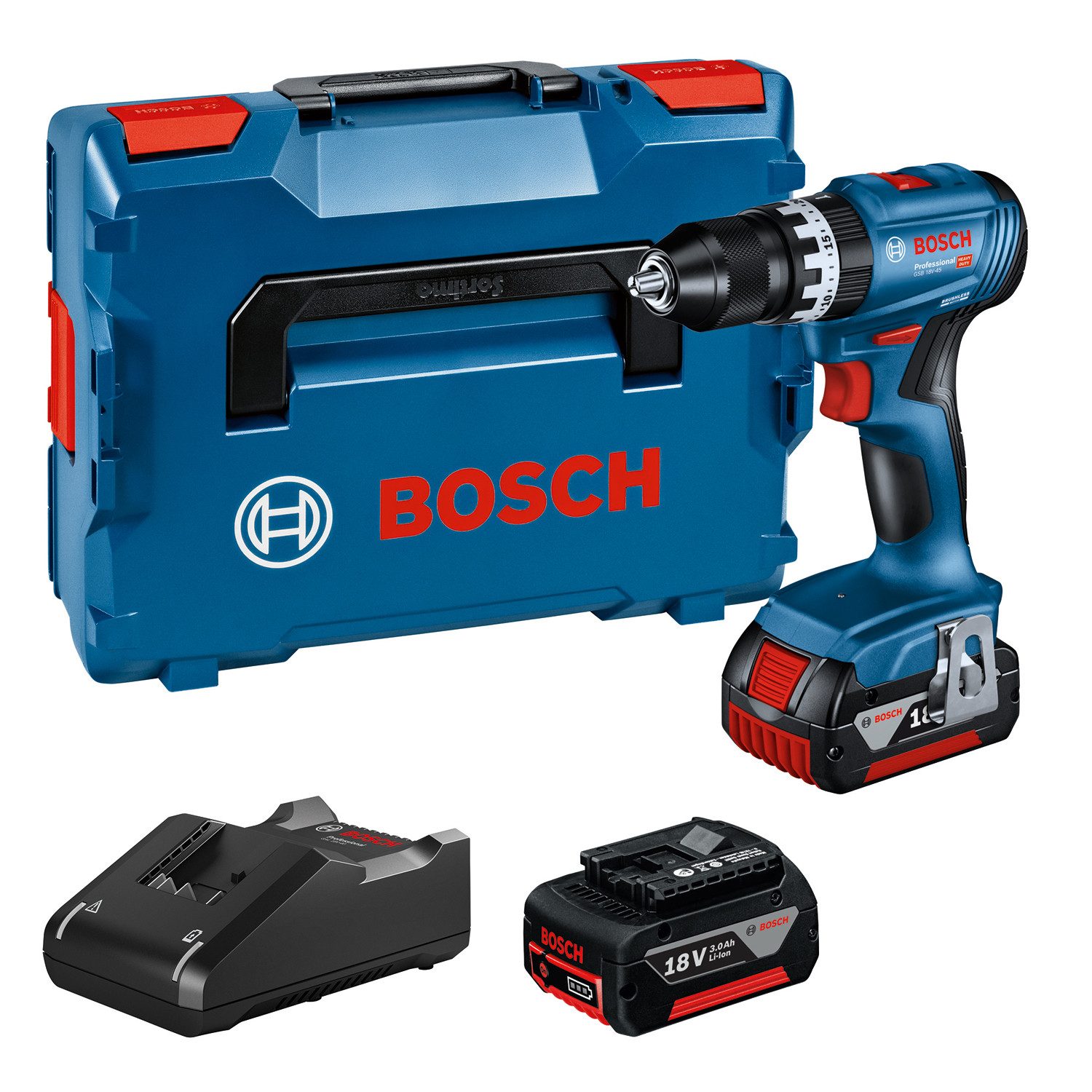 Bosch Professional Akku-Schlagbohrmaschine »GSB 18V-45«, Inkl. 2x Akkus 3,0Ah und Schnellladegerät GAL 18V-40, in L-BOXX