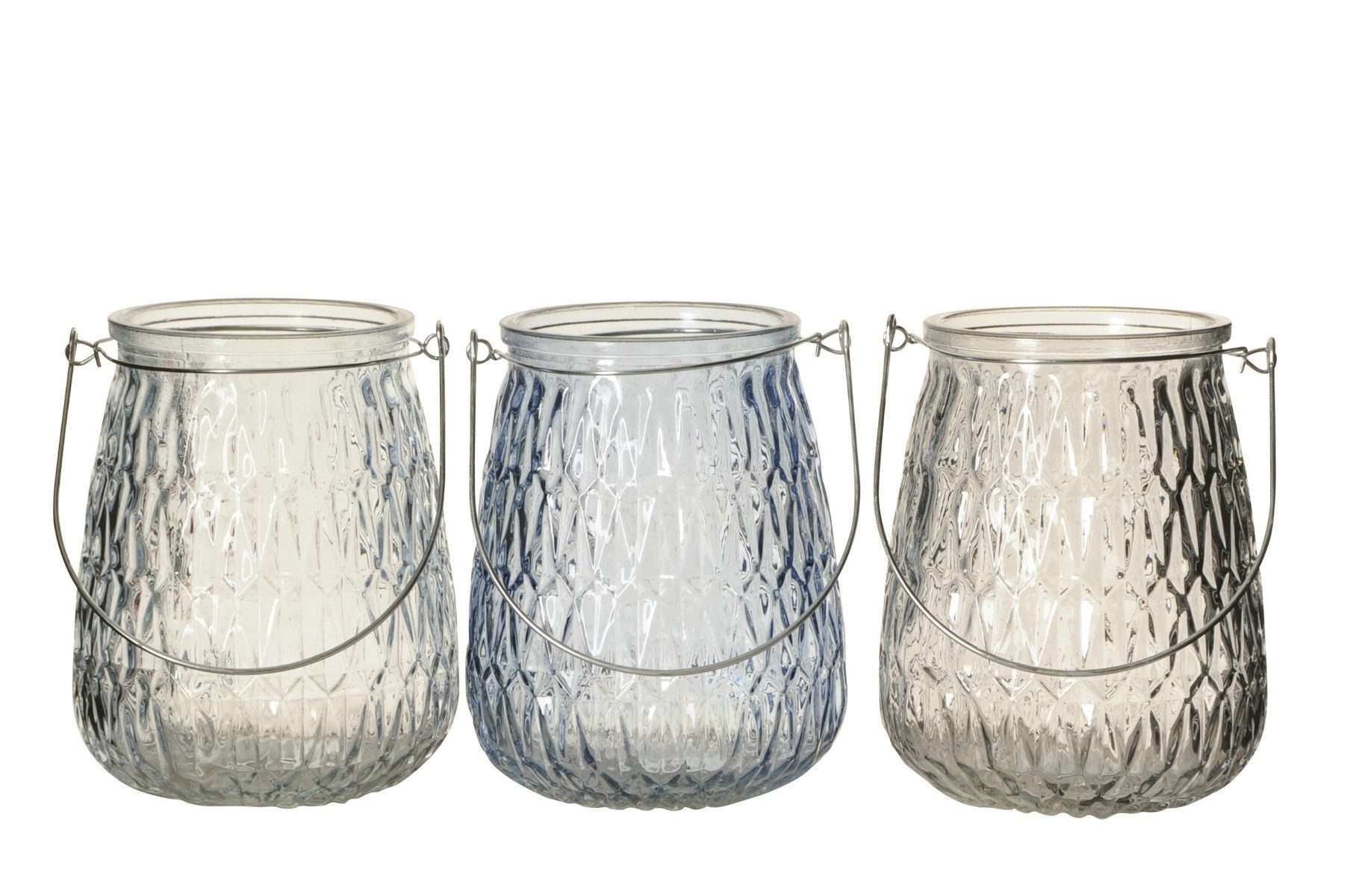 Windlicht Teelichthalter 3farbig sort. Maritim Glas grau/blau Ø11cm H14cm