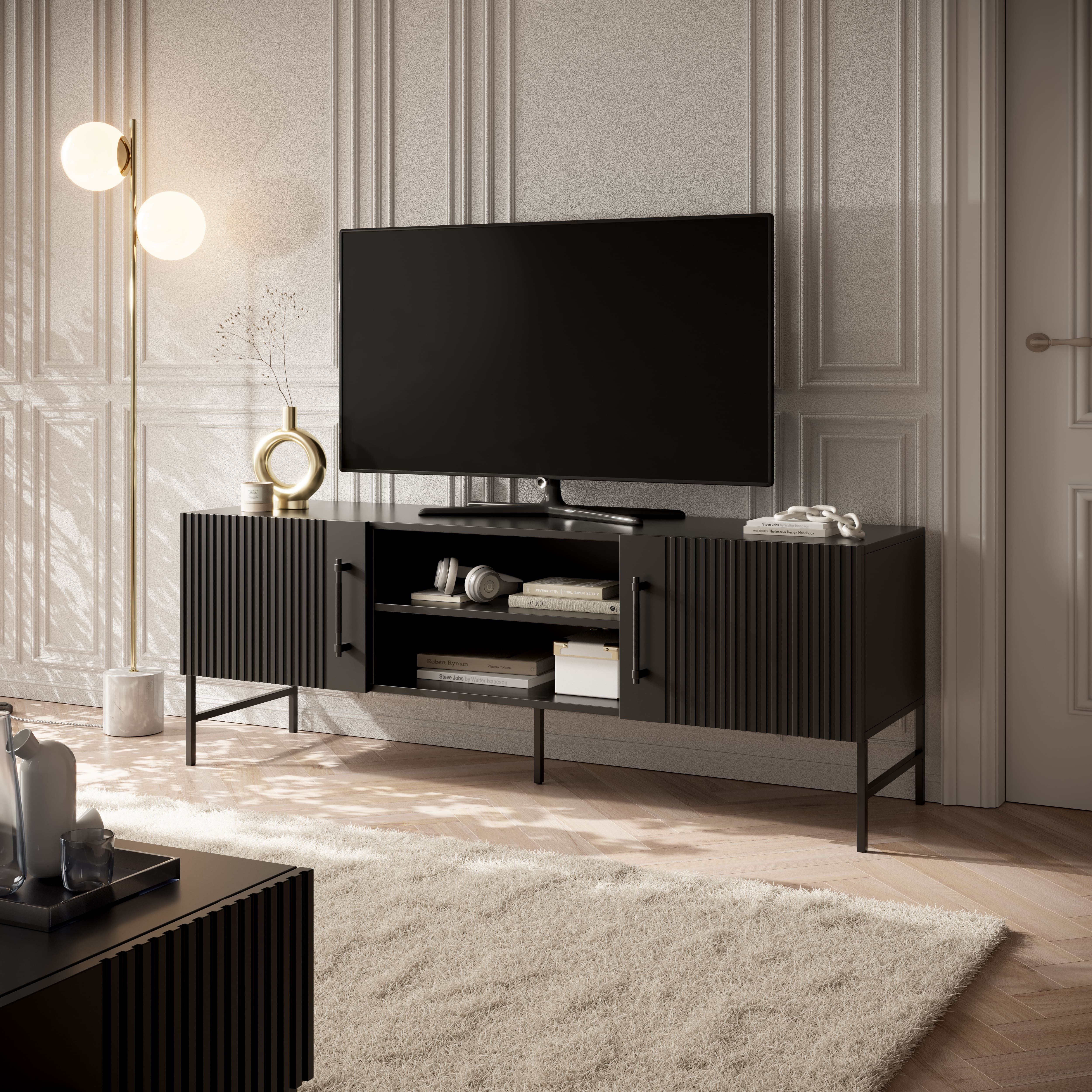 MOEBLO TV-Board Raftilo (Lowboard & TV-Schrank, Fernsehtisch, TV-Bank, TV-Möbel im Loft-Stil mit Metallfüßen, Schwarz), (BxHxT): 152 x 55 x 42 cm