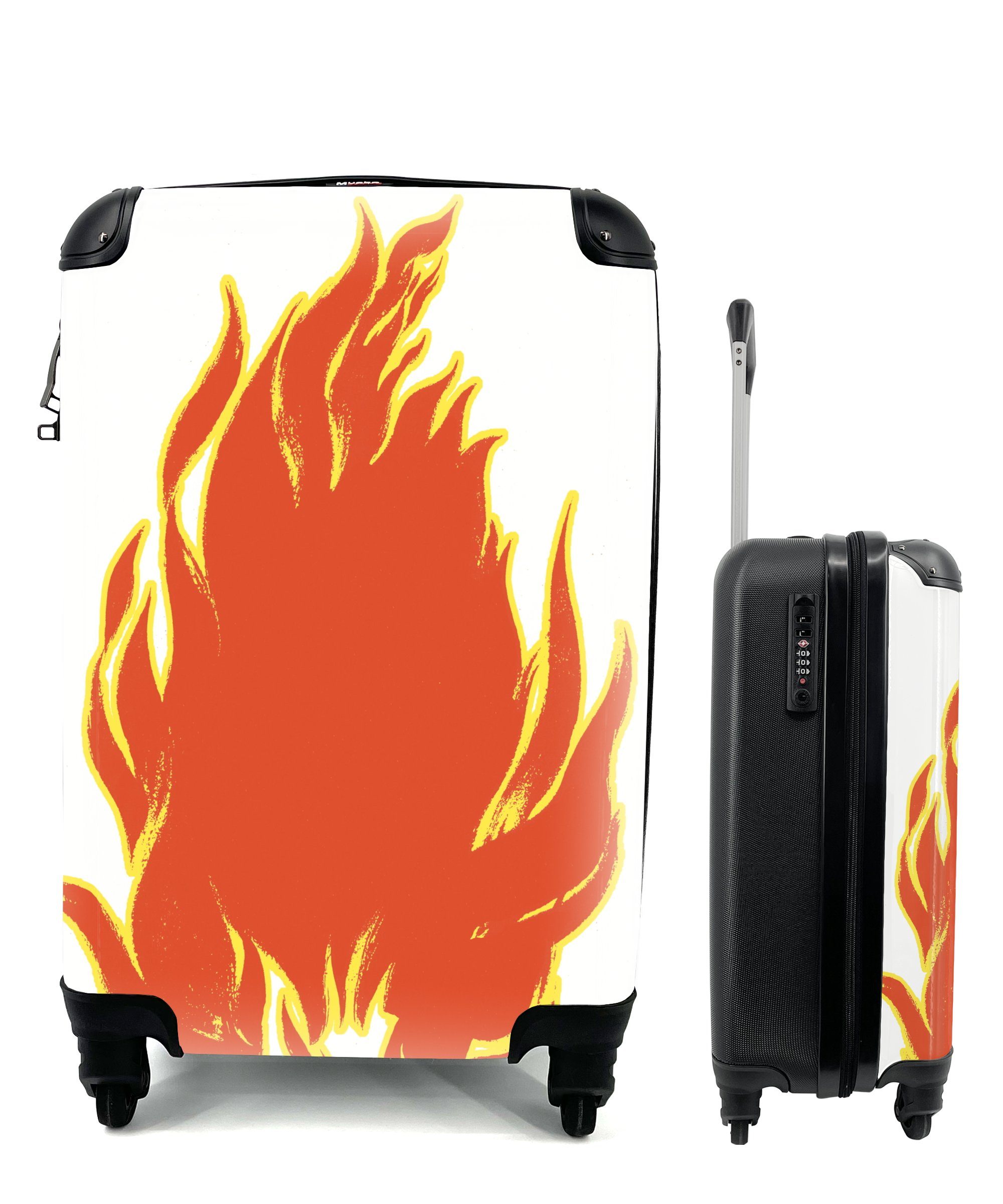 MuchoWow Handgepäckkoffer Eine Illustration von Flammen auf einem weißen Hintergrund, 4 Rollen, Reisetasche mit rollen, Handgepäck für Ferien, Trolley, Reisekoffer