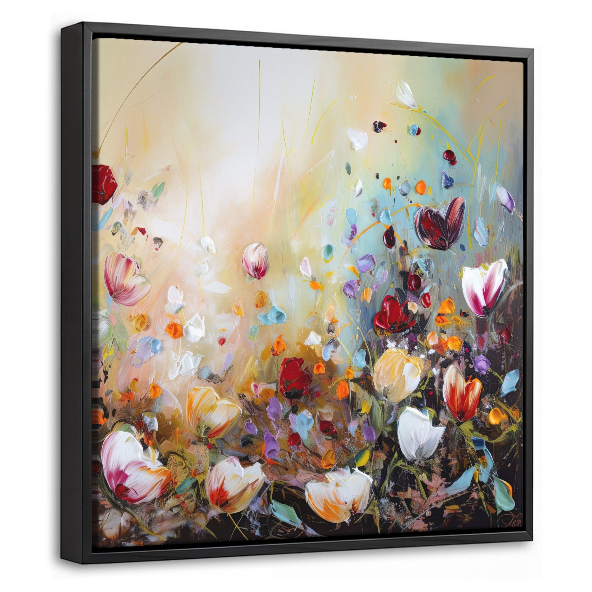 OneMillionCanvasses® Leinwandbild mit Rahmen - Ölfarben - Blumen - Farbenfroh - Natur, Fotodruck (1 St), Leinwand Bilder Klein, Wand Dekoration Aesthetic 20x20cm