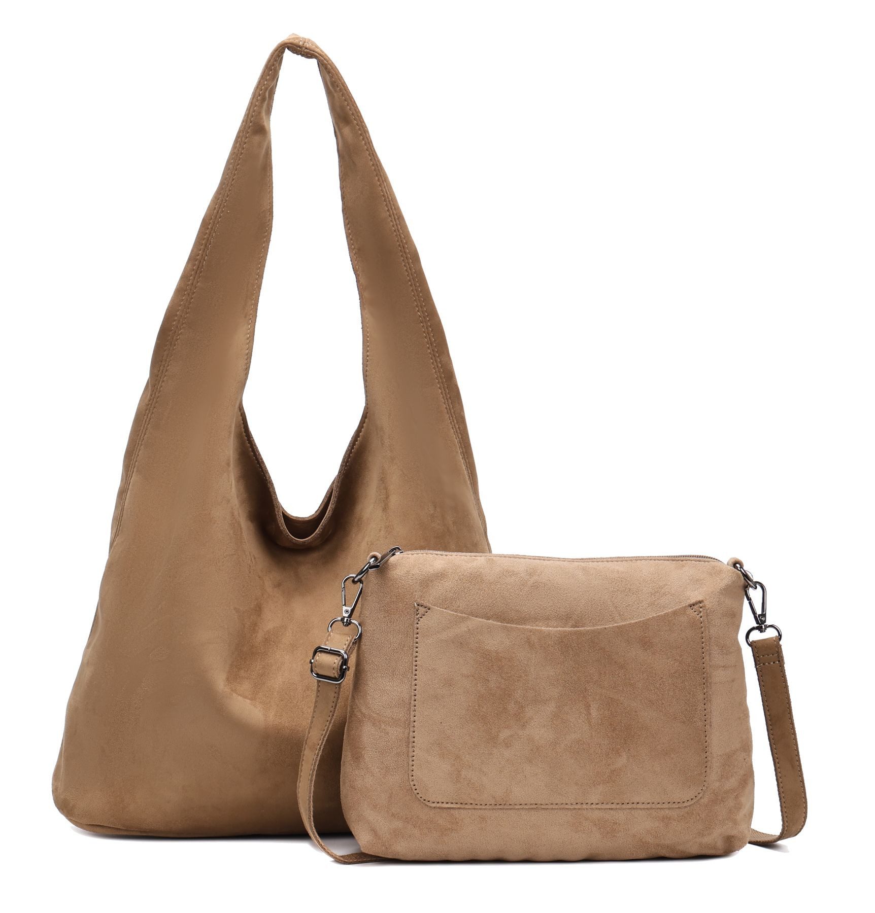 ITALYSHOP24 Schultertasche Damen Tasche Set 2in1 Shopper Handtasche Crossbody Velours CrossOver (Spar-Set 2 in1 Hobo + Crossbody Bag / Schmucktasche, Leichtgewicht, Wildleder Optik), Hobo Bag Umhängetasche Body Bag Beuteltasche Workbag Freizeit Urlaub
