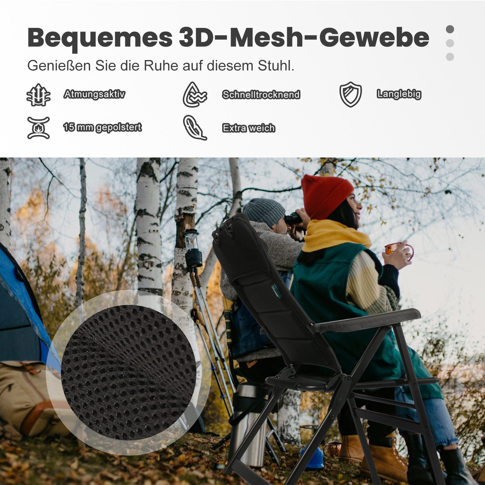 HOMECALL Klappstuhl Hochlehner Campingstuhl Gartenstuhl Gepolstert Faltstuhl Balkonstuhl (150 KG Belastbar Erstellbare Kopfstutze Anglerstuhl,Groß und Hoch, 2 St), mit 7-Fach Verstellbare lehne, für Camp Garten Balkon