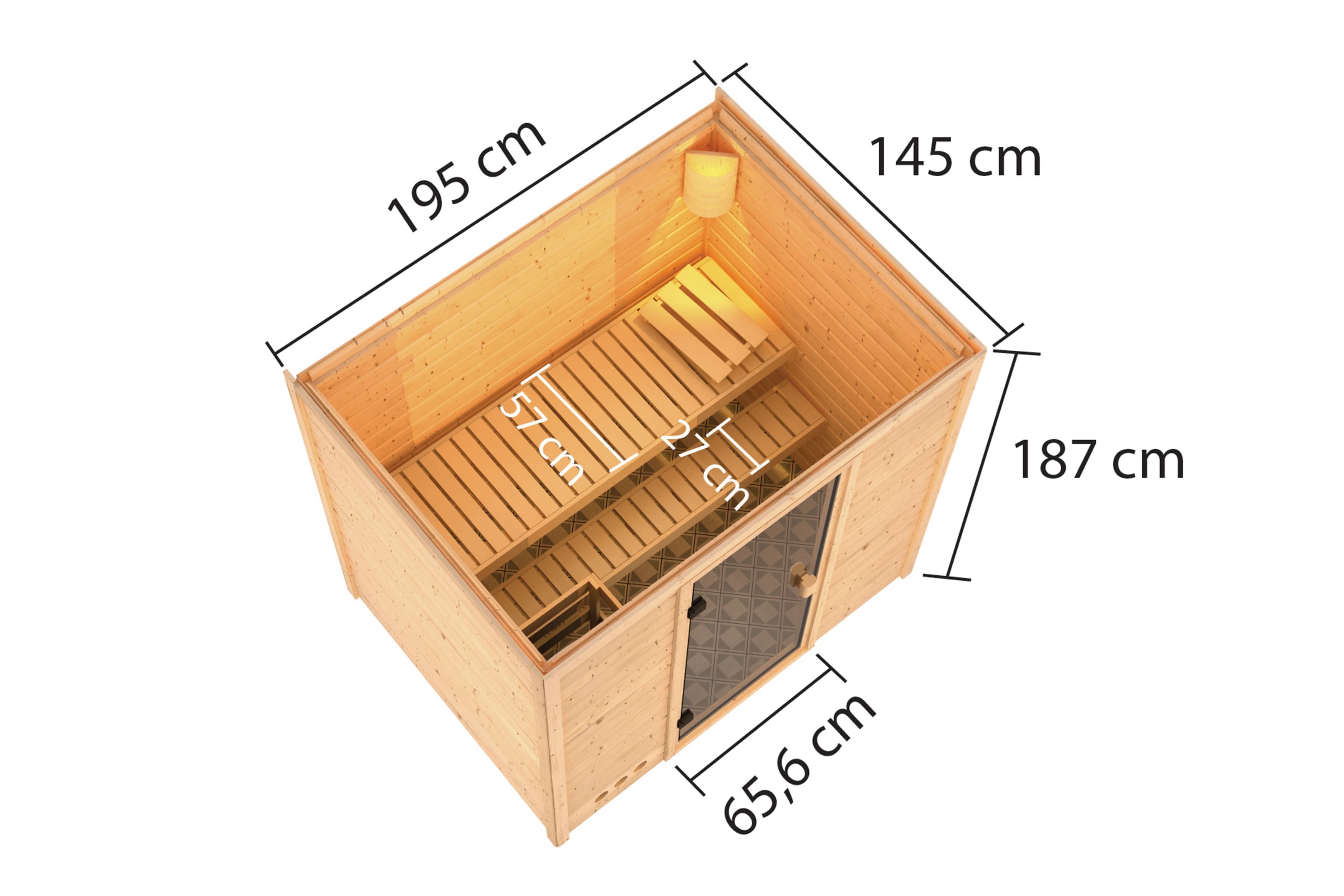 Karibu Sauna Innensauna Dorika inkl. Saunaofen 3,6kW integr. Steuerung, nordisches Fichtenholz, Made in Germany