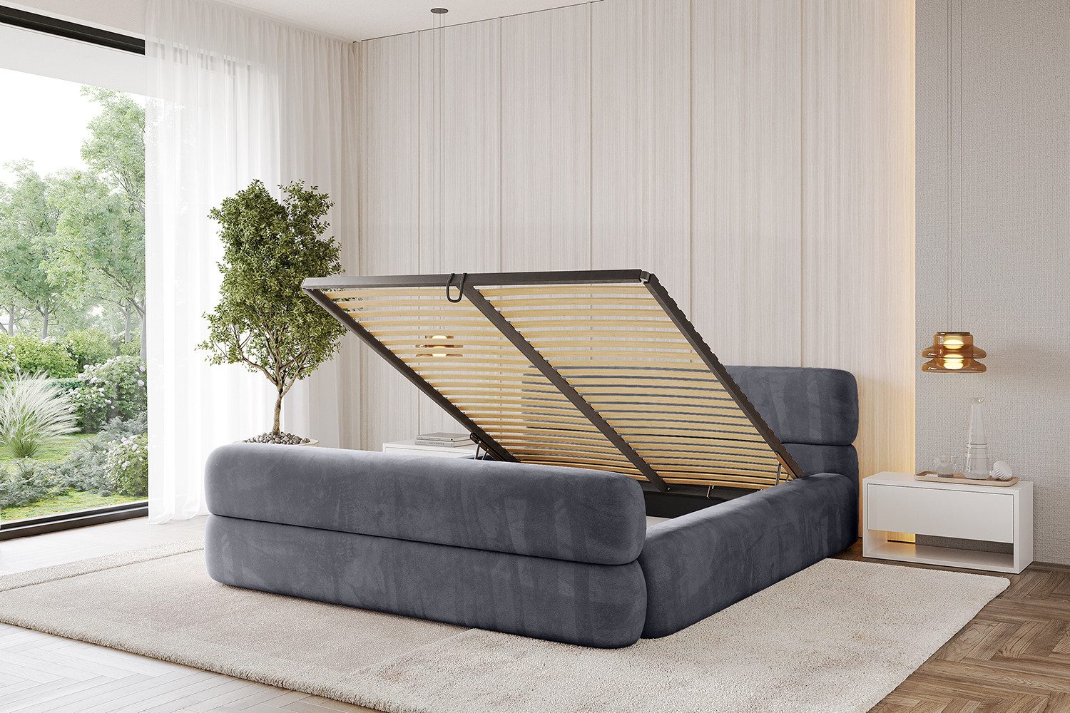 ALTDECOR Polsterbett ENORA-Z-v1 (Polsterbett mit Bettkasten und Lattenrost, Boxbett ohne Matratze), Doppelbett mit Stauraum, Bett mit Kopfteil
