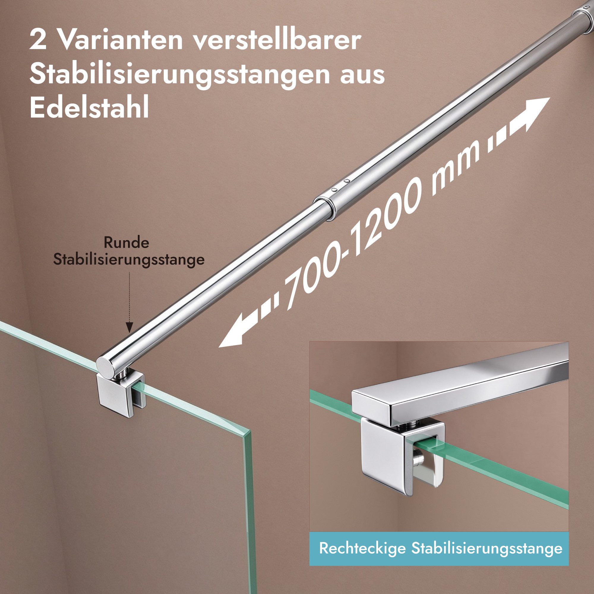 doporro Walk-in-Dusche Duschwand Duschabtrennung 8mm ESG Stabilisator aus Edelstahl Bremen, Einscheibensicherheitsglas – Bild 4 von 5