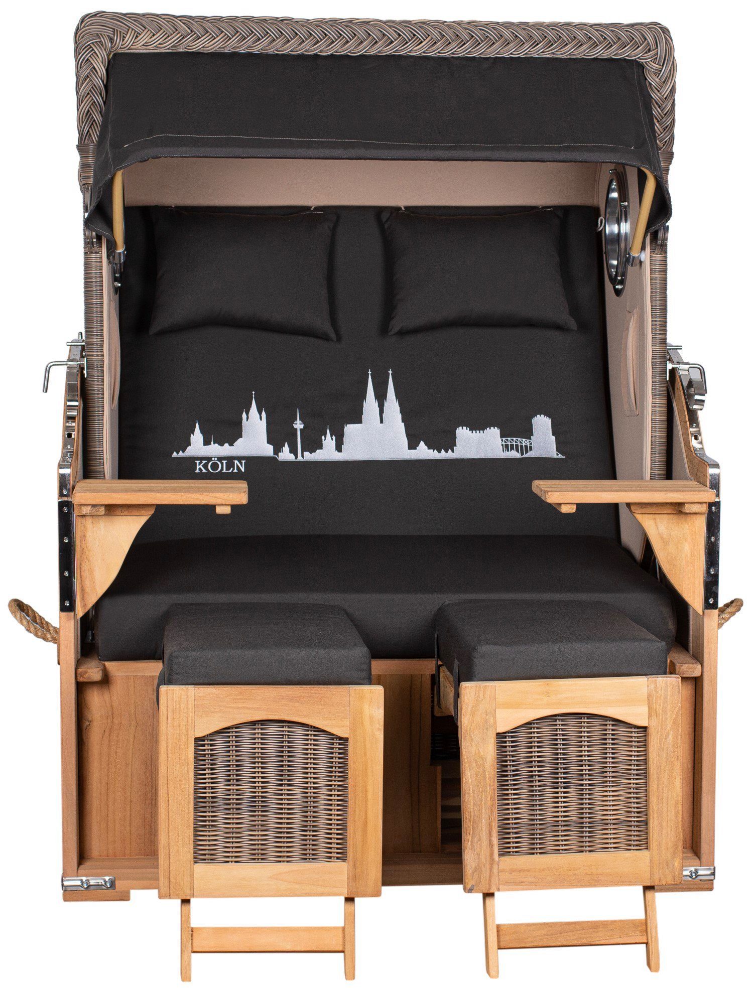 bene living Strandkorb Ammersee 2-Sitzer Teak - PE grau - Skyline Köln, BxTxH: 125x80x165 cm, Volllieger ca. 175 Grad, Ostsee-Strandkorb, Städtename