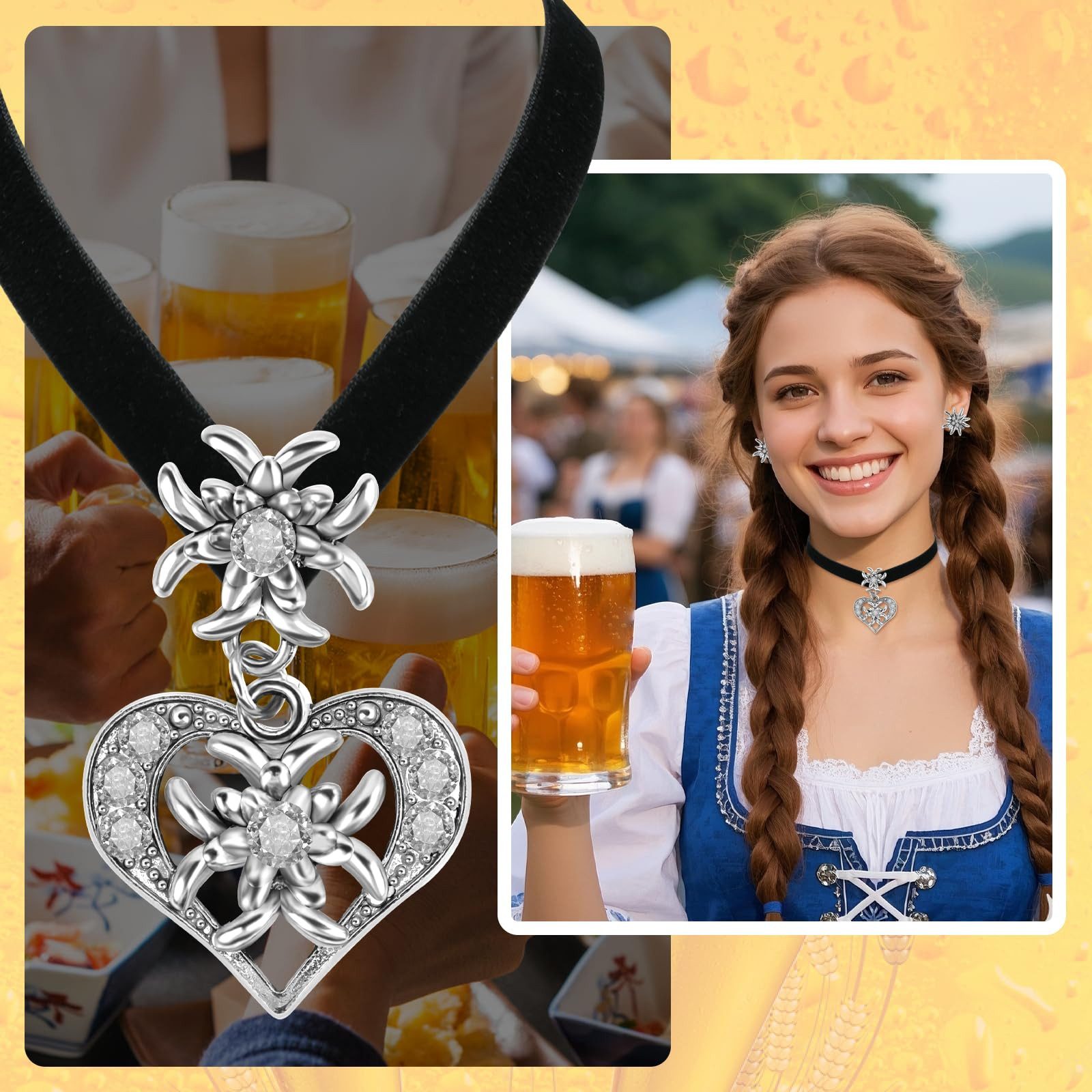nsihing Ketten-Set Trachtenschmuck mit Anhänger Trachtenkette, Edelweiss,Dirndl-Schmuck, Schmuckset für Damen zum Oktoberfest, Bierfest und Trachtenfest – Bild 4 von 5