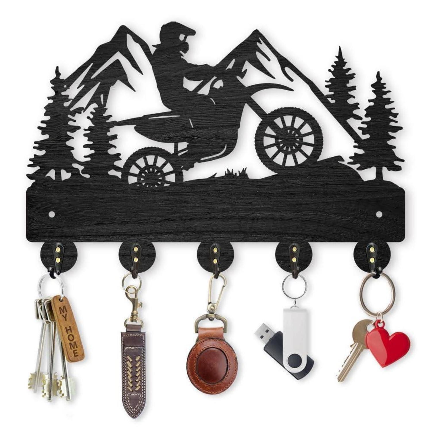 LuxusKollektion Schlüsselbrett Schlüsselhalter Holz Motorrad Berg Wald 30x20cm 5 Haken, (1 St)