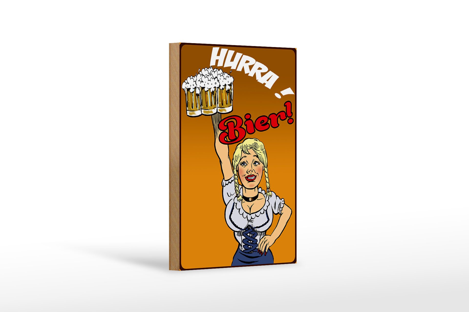 Holzbild Pinup 12x18 cm Hurra! Bier