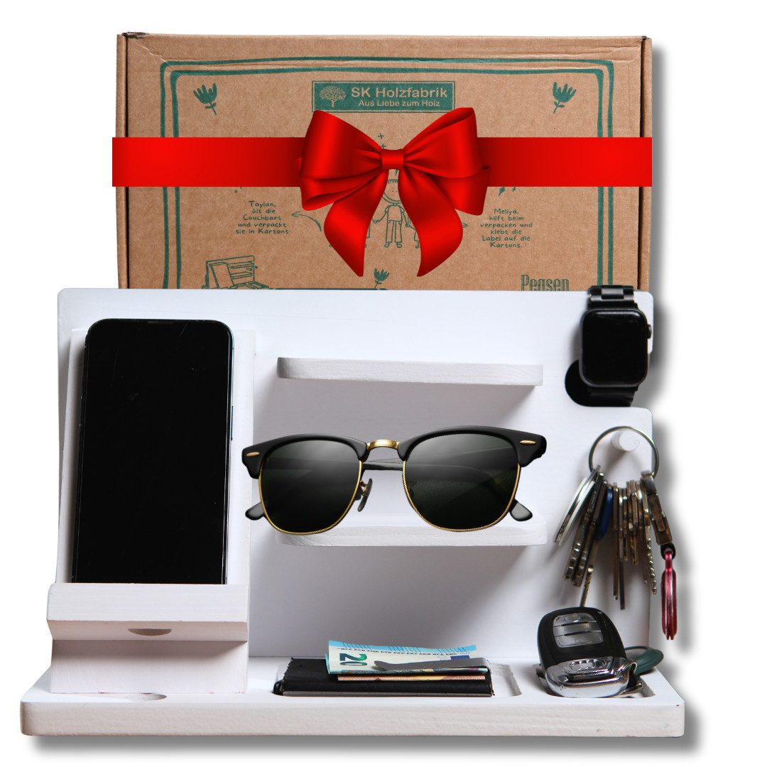 PEGSEN Nachttisch Organizer für den Schreibtisch Dockingstation Aufbewahrung aus Holz (Aufbewahrung für Uhr, Kopfhörer, Brille, Tablet & Buch), handgefertigt, Handyladestation