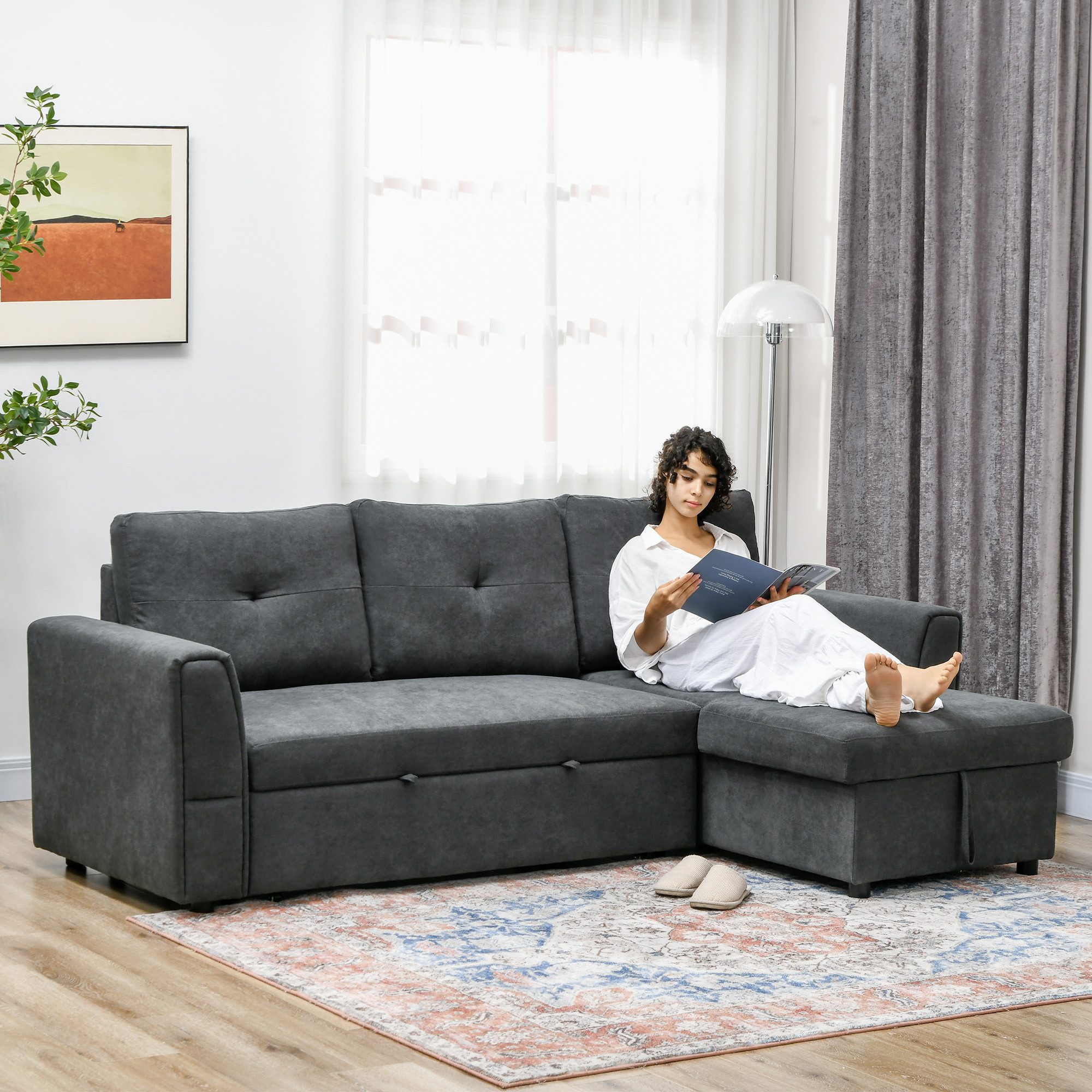 HOMCOM Ecksofa Couch mit Stauraum, Chaiselongue, Leinenoptik, Schlafsofa 1 Teile, Polstersofa für Wohnzimmer, Dunkelgrau