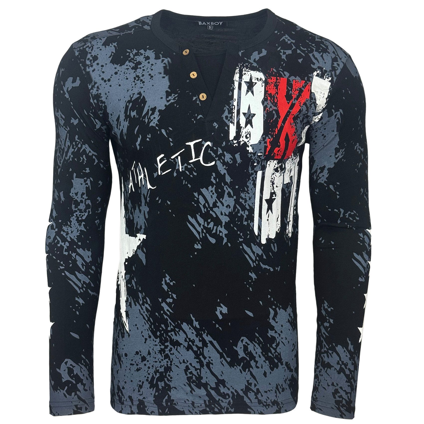 Baxboy Longshirt Langarmshirt mit trendigem All-Over Logo-Print mit Knopfle günstig online kaufen