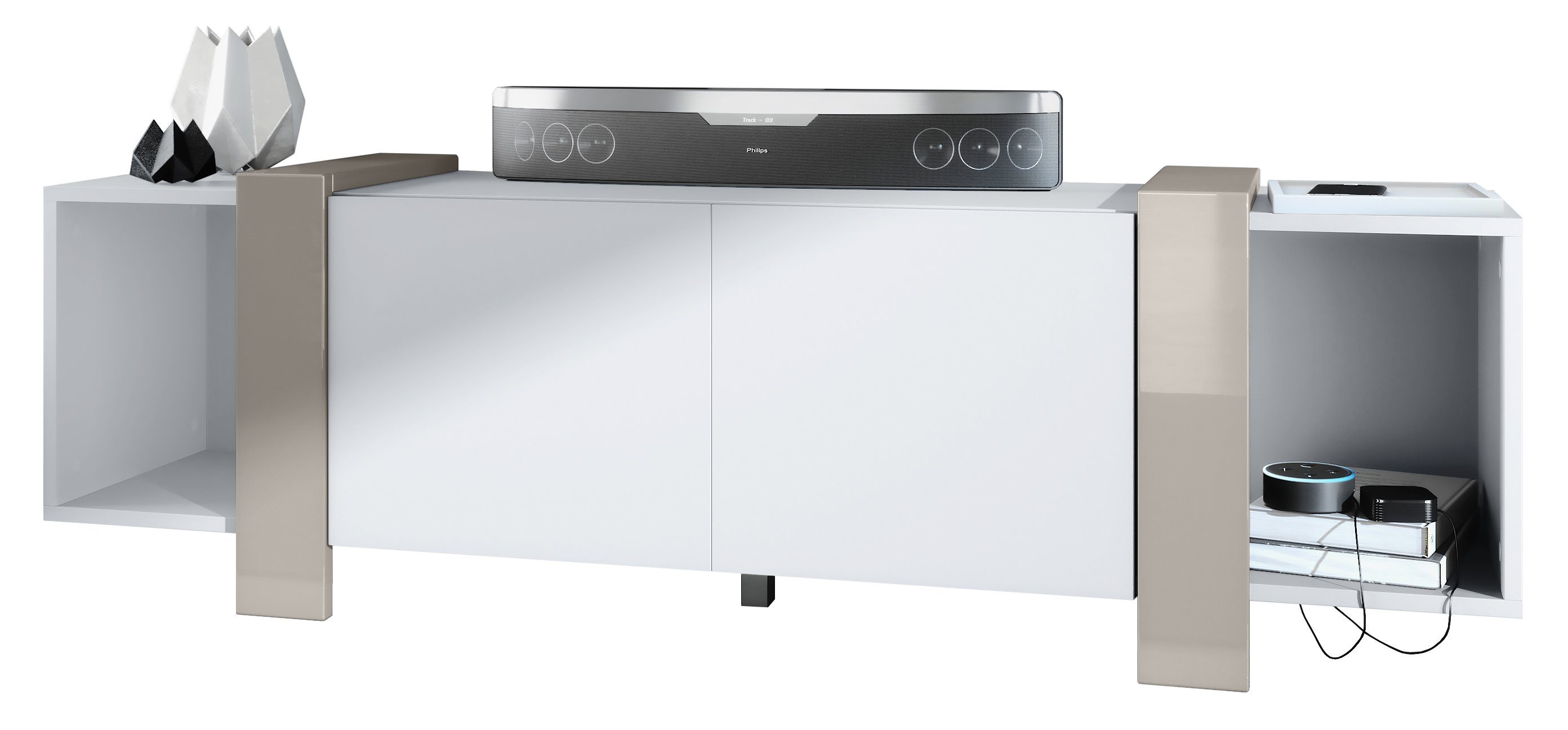 Vladon Lowboard Ida (TV-Kommode, mit 2 Türen und 2 offene Fächer), Weiß matt/Sandgrau Hochglanz (149 x 45,5 x 34 cm)