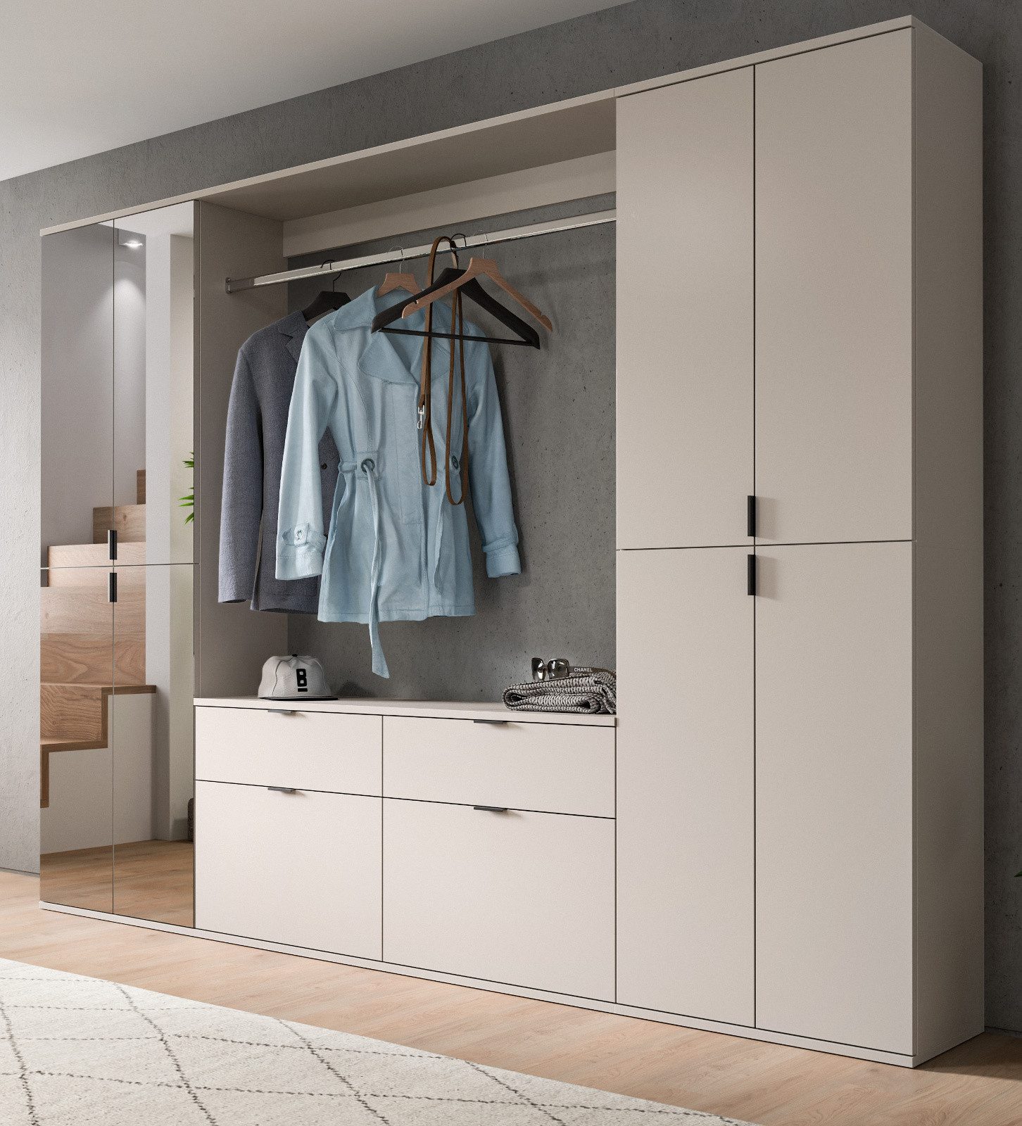 Inn.Furn Garderoben-Set Line-Up, (Komplett-Set in Kaschmir / Sand, mit 18 Einlegeböden, 243 x 193 cm), variabel einrichtbar