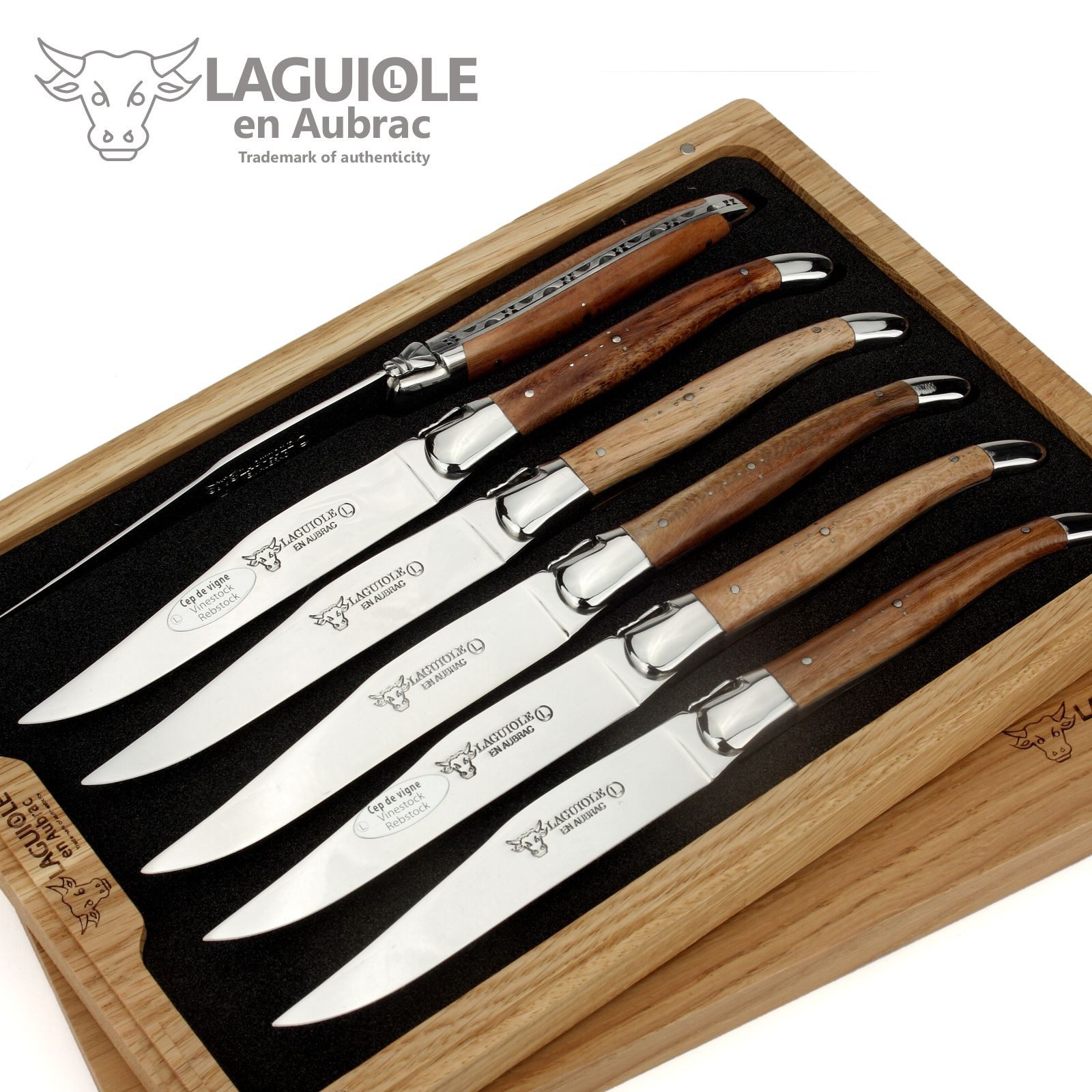 Laguiole en Aubrac Steakmesser 62C99CVIH 6er Set - Griff Weinrebe - Backen glänzend - Klinge glänzend - Holzbox