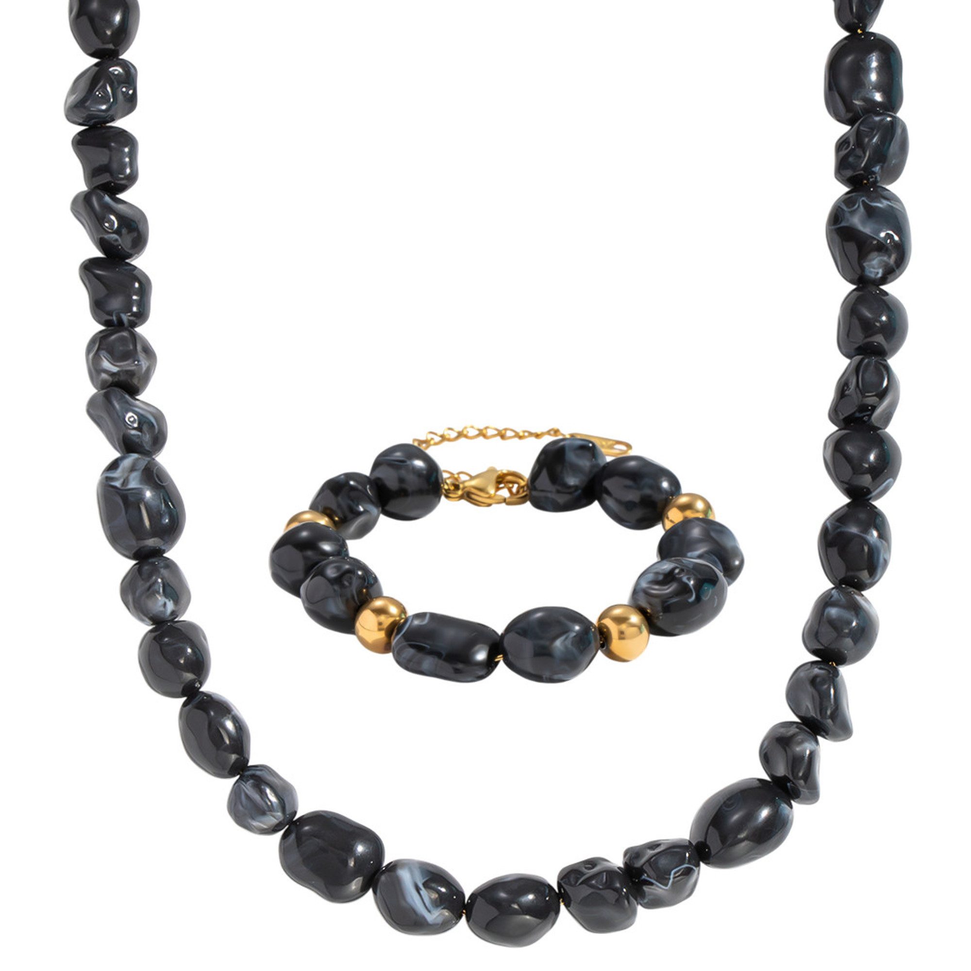 KARMA Schmuckset Schwarz Gold Damen Halskette Armband wasserfest & antiallergisch (Damen Armschmuck, moderner Schmuck Kette), Karabinerverschluss Edelstahl Resin
