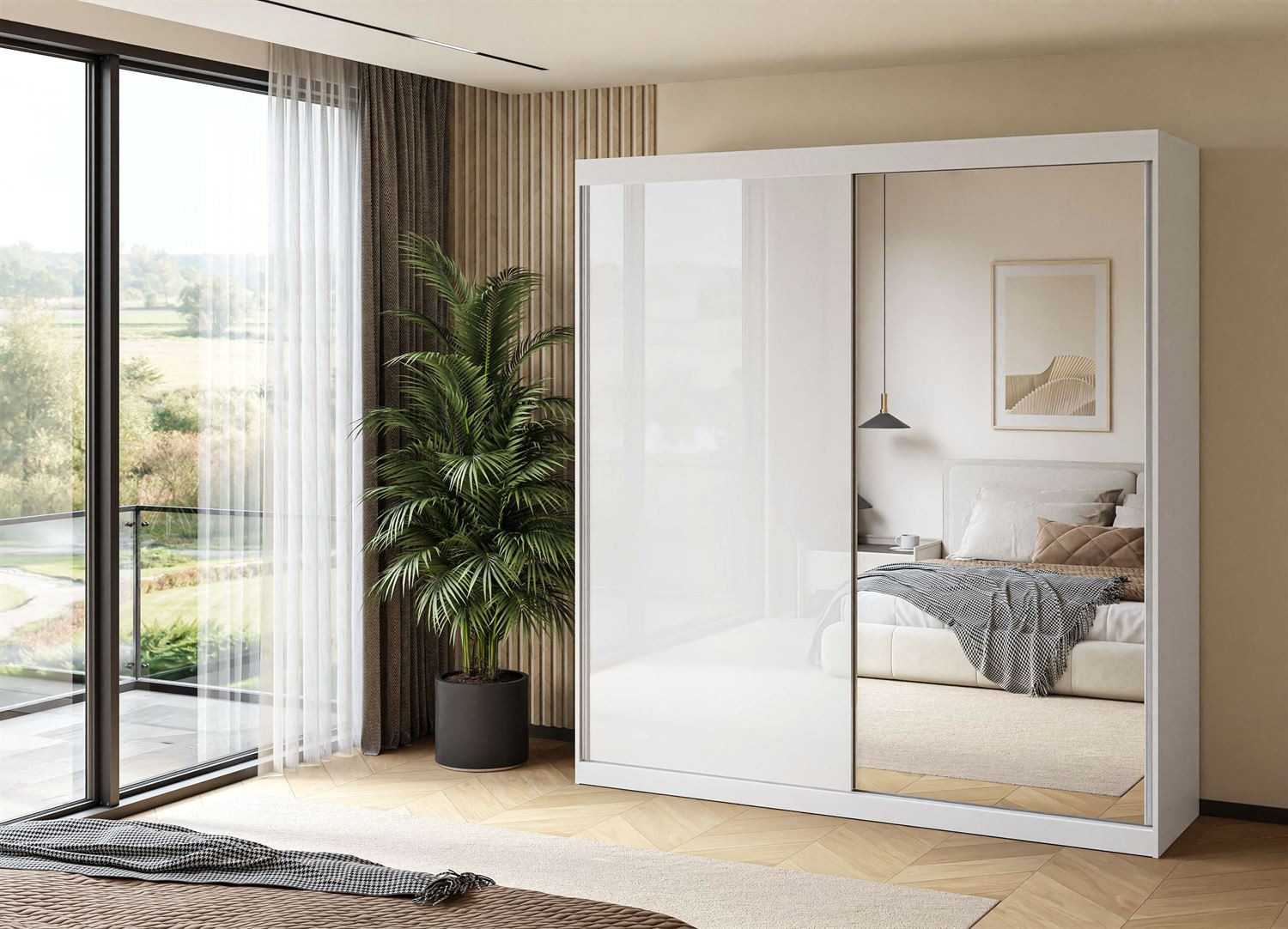 Lookway Kleiderschrank BASTER II PLUS GLOSSY mit Spiegel weiß glänzend/ Weiß hochglanz