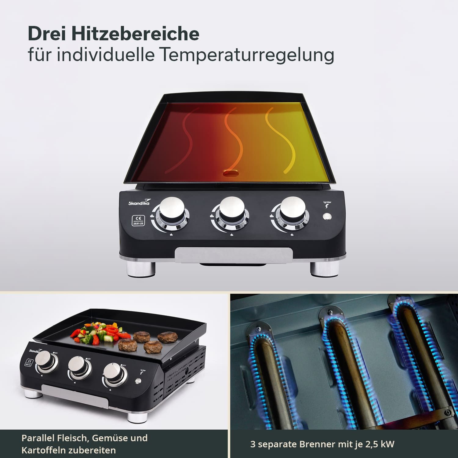 Skandika Camping-Gasgrill 3-Brenner Gasplancha Palo, Balkongrill, Tischgrill, Grillplancha, Zündung: elektrische Pulszündung, Höhenverstellbare Füße, 3 Brenner, Abtropfschale, transportabler Gasgrill mit Kochplatte