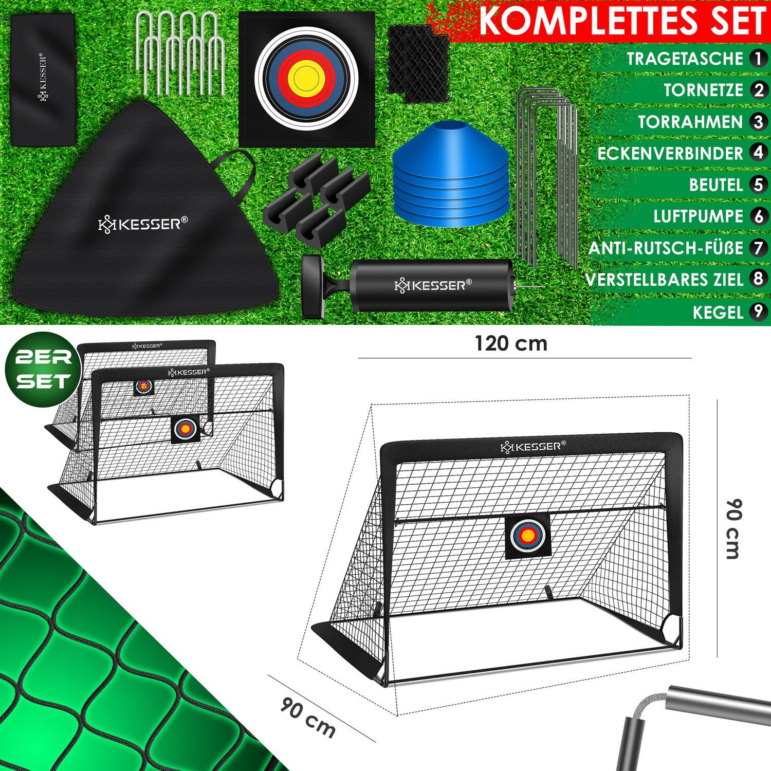 KESSER Fußballtor Set mit Tragetasche, Heringen, Zielscheibe, Hütchen & Pumpe, Pop-Up Tor mit Anti-Rutschfüßen – ideal für Training & Freizeitspiele