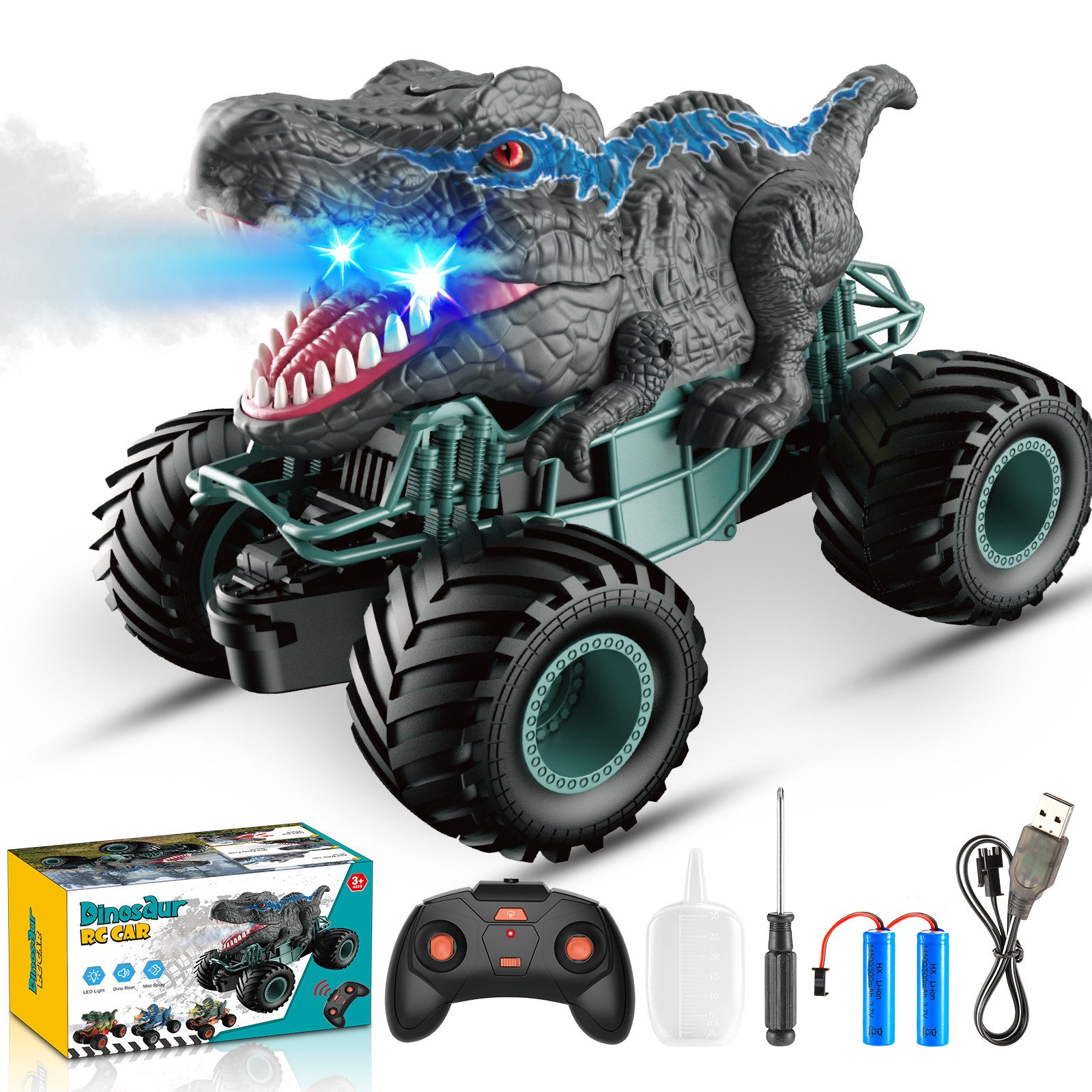 Wootoy RC-Auto RC Dinosaurier Monster Truck Geländewagen ferngesteuert Spielzeugautos (mit großen Gummireifen und stabilem Fahrwerk, 1-tlg., mit realistischen Sound-, Licht- und Wassersprüheffekten), Geländetauglich für Sand Kies Gras Teppich viele weitere Untergründe
