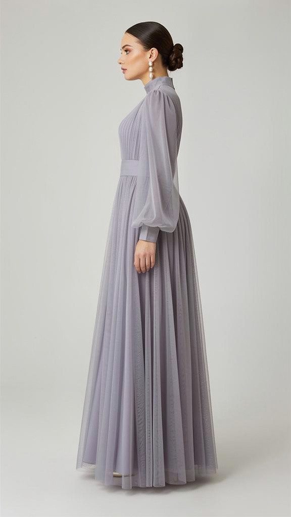 fashionshowcase Tüllkleid Damen Abendkleid Maxilänge Abaya-Stil - Modest Mode vollständig blickdicht & bedeckt – Bild 4 von 5