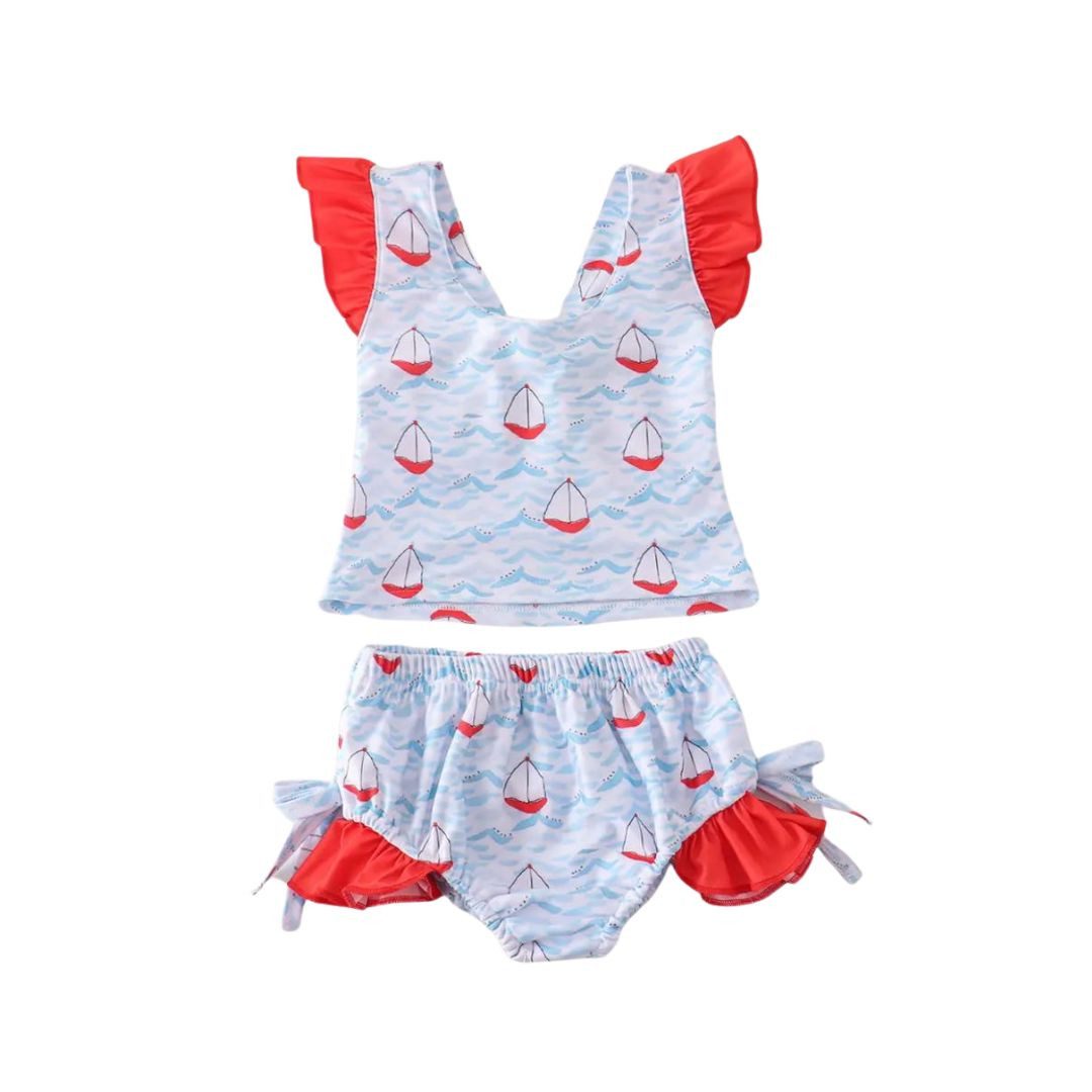 suebidou Badeanzug UPF 50+ Badebekleidung 2-teiliger Badeanzug Bikini Segelbootmuster (Oberteil und Shorts 2 teilig) Volants und Schleifen