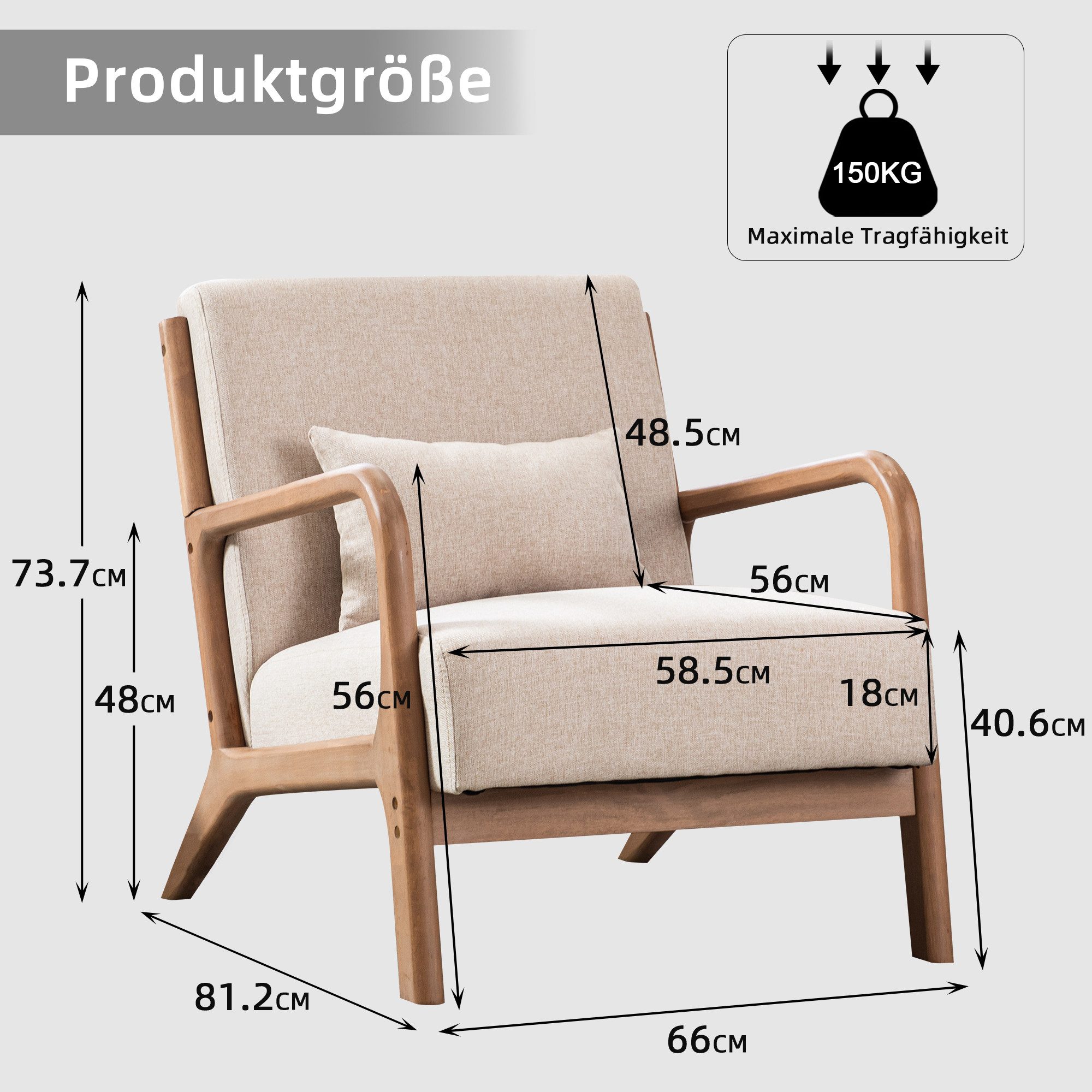 CANMOV Loungesessel Accent Sessel mit Kissen, Loungesessel mit Armlehnen, Armsessel (1-St), Natürliches Holz, Liegestuhl mit Armlehne und Kissen, für Wohnzimmer