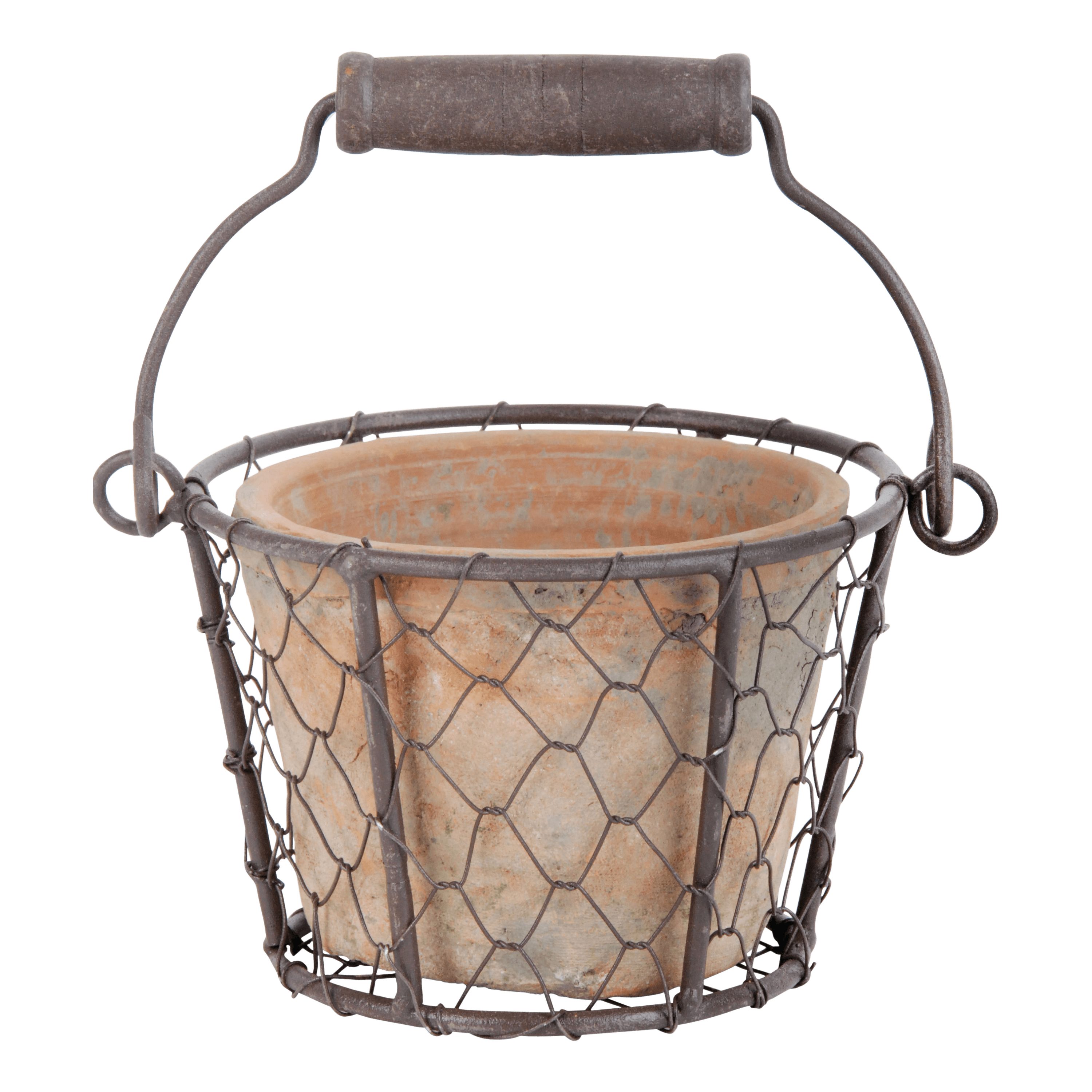 esschert design Übertopf Blumen Topf im Draht Korb Henkel Aged Terracotta rund Set Pflanzen