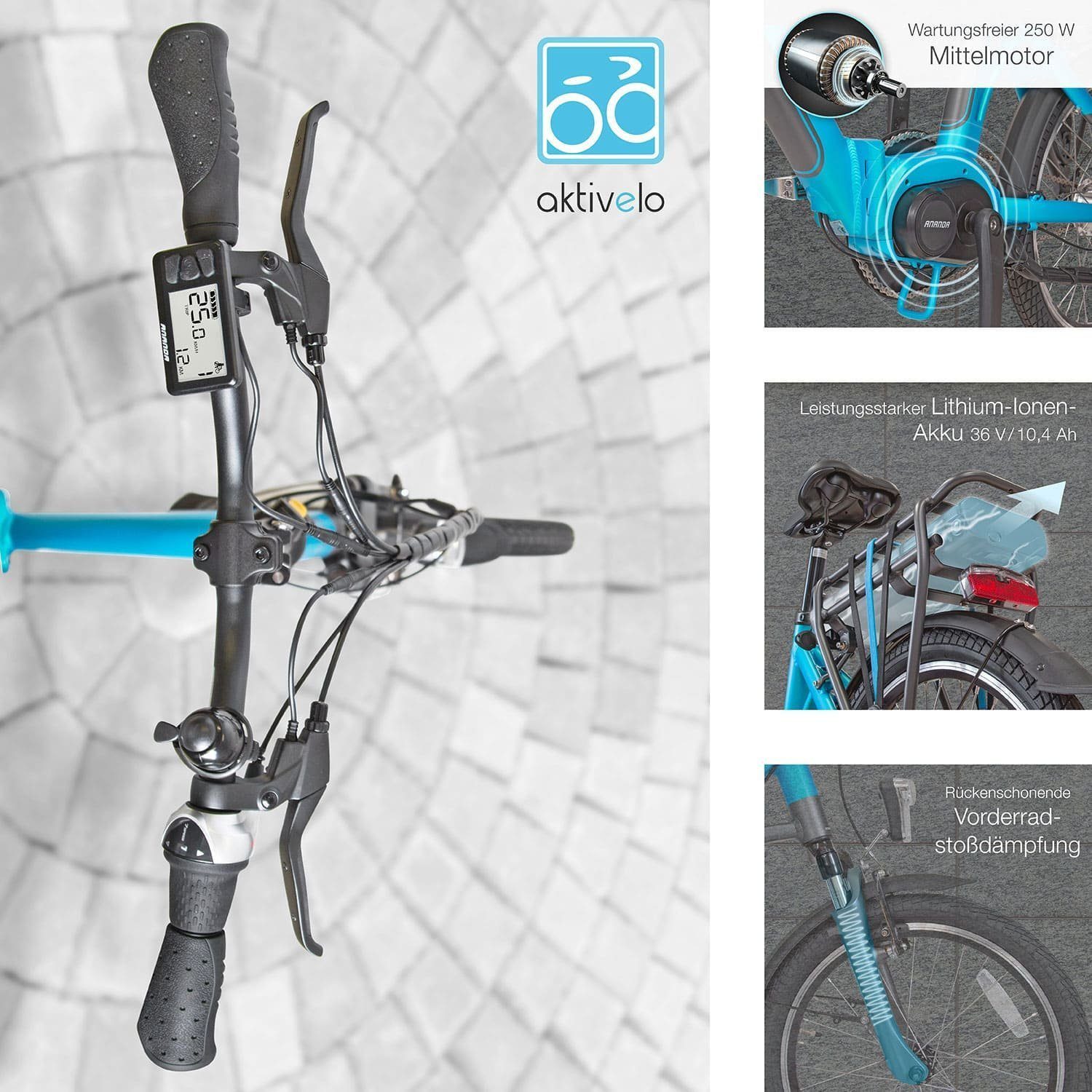 aktivelo Folding E-Bike, 20 inch, up to 25 km/h, bicycle for women and men, 7 speed, hub gears, up to 80 kilometers, folding bike with rim brake & roller brake