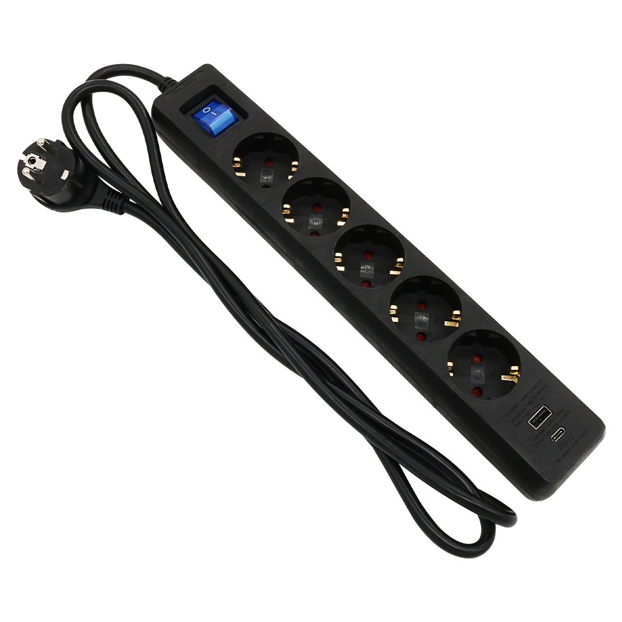 ARLI 1,5m Steckdosenleiste schwarz 5 fach mit USB-A + USB-C Steckdosenleiste 7-fach (Schutzkontaktstecker, EIN / AUS Schalter, Kindersicherung, Kabellänge 5 m), flacher Winkelstecker