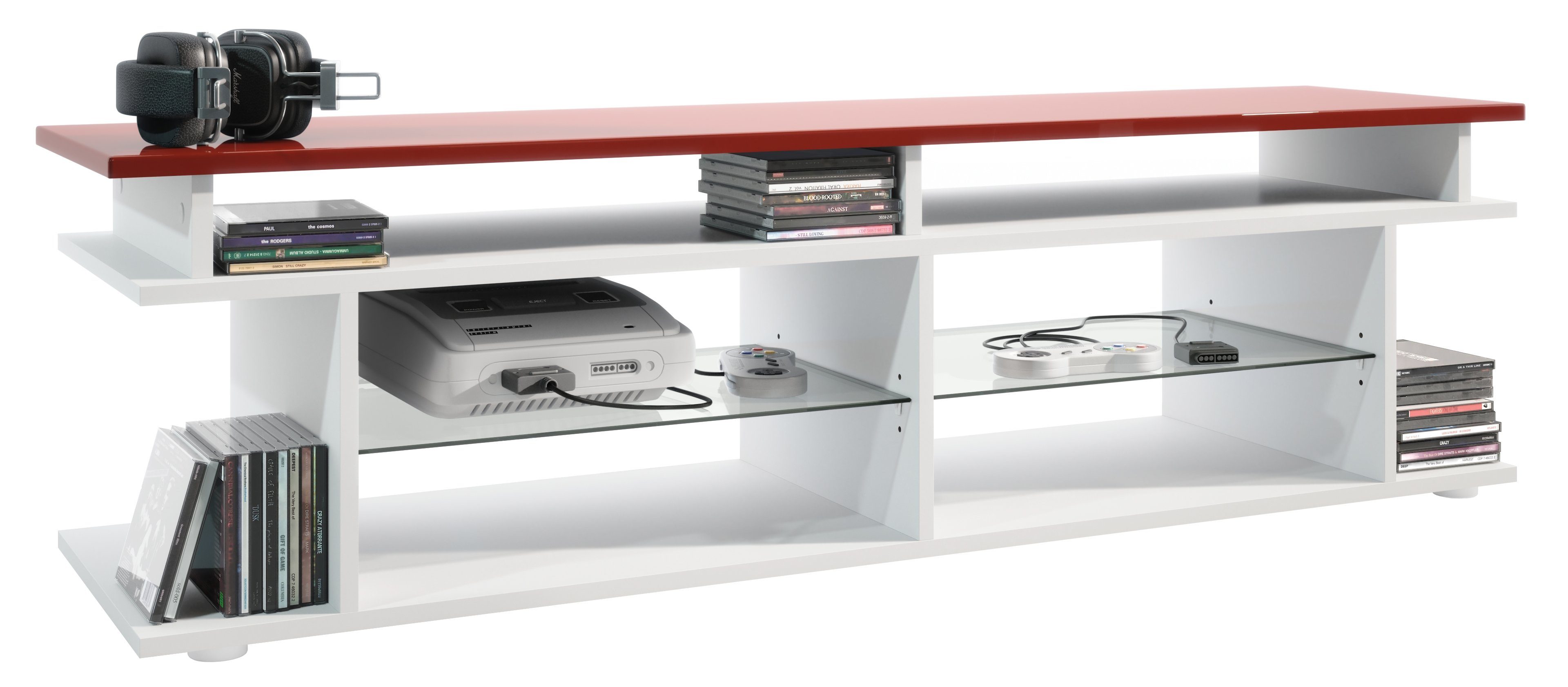 Vladon Lowboard Movie V3 (Lowboard + Tv-Aufsatz, mit insgesamt 8 Fächern), Weiß matt/Bordeaux Hochglanz (138,5 x 39 x 37,5 cm)