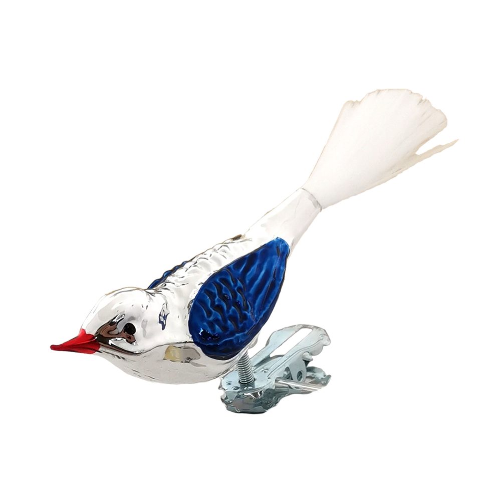Christbaumschmuck auf (3-tlg), Glasvogel-Set, silber/blau Clip handbemalt Vogel mundgeblasen, Schatzhauser