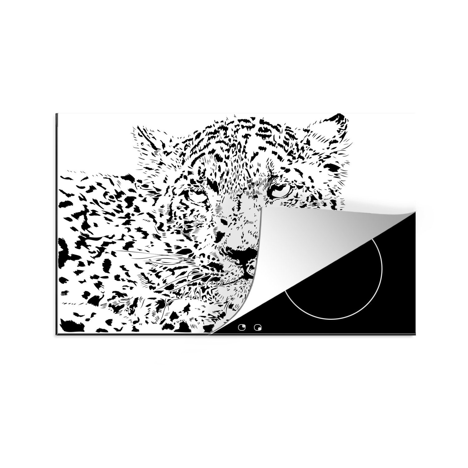 MuchoWow Herdblende-/Abdeckplatte Schwarz-Weiß-Illustration küche, Schneeleoparden, die liegenden tlg), 81x52 eines cm, Ceranfeldabdeckung Induktionskochfeld (1 für Vinyl, Schutz