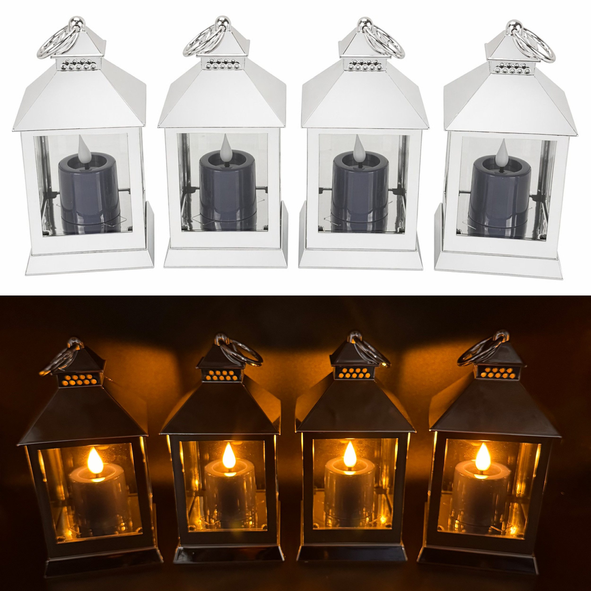 Online-Fuchs LED Laterne - 4er Set Deko Laternen mit LED-Kerzen und 6-Stunden Timerfunktion, mit realistischer Kerzenflamme, warmweiße Beleuchtung, glänzender Shiny-Look - aus Kunststoff gefertigt