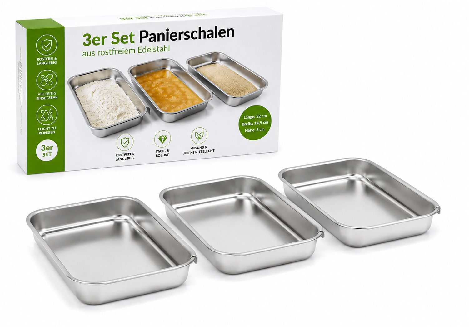 HH-Haushalt Panierschale Panierschalen Edelstahl 3er Set 22 x 14,5 cm rostfrei stapelbar, Edelstahl, (3-tlg)