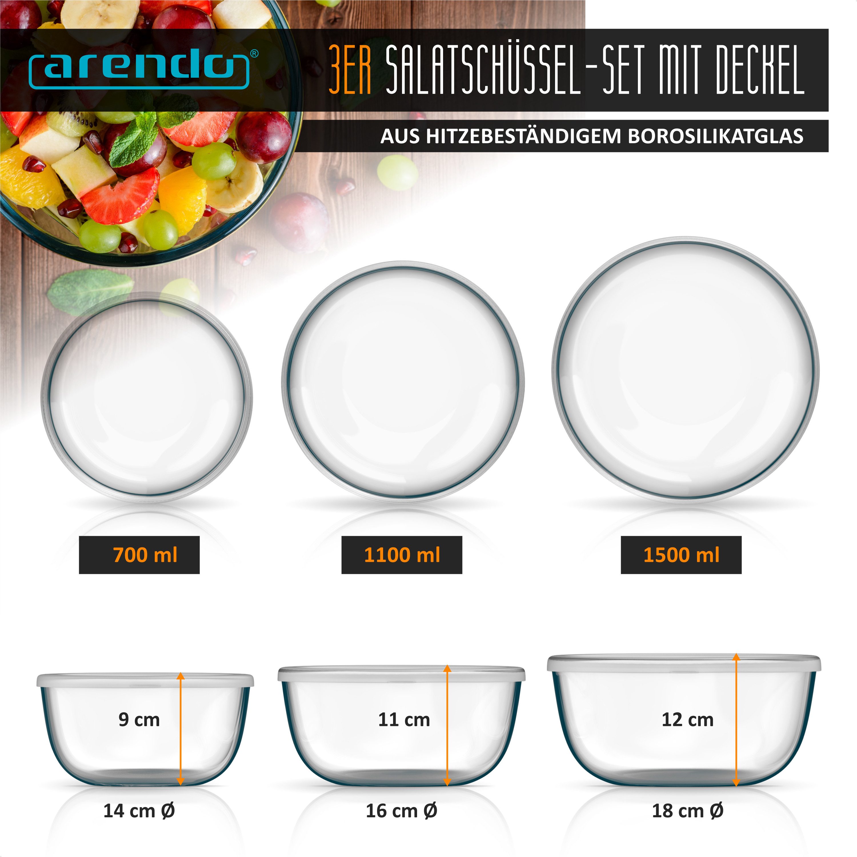 Arendo Salatschüssel 3er Set mit Deckel, Glasschüssel 0,7L / 1,1L / 1,5L, Glas Rührschüssel, Glas, (3er Set, 3-tlg), Glasschale, BPA-frei, Spülmaschinen und Mikrowellen geeignet