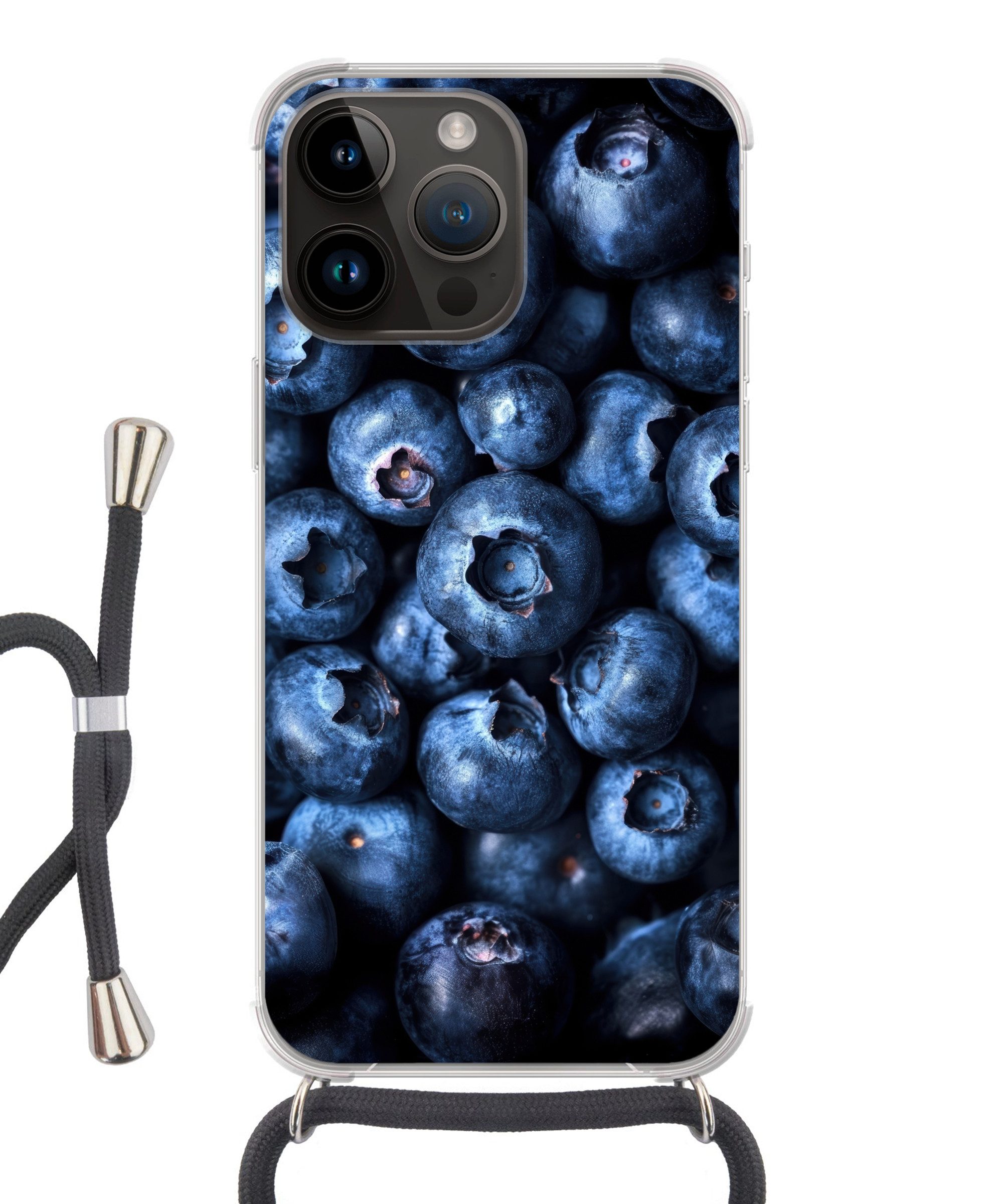 MuchoWow Handyhülle für Apple iPhone 14 Pro Beeren - Blau - Obst, Tragbare Handyhüllen mit Kette zum umhängen, Handykette Handyband