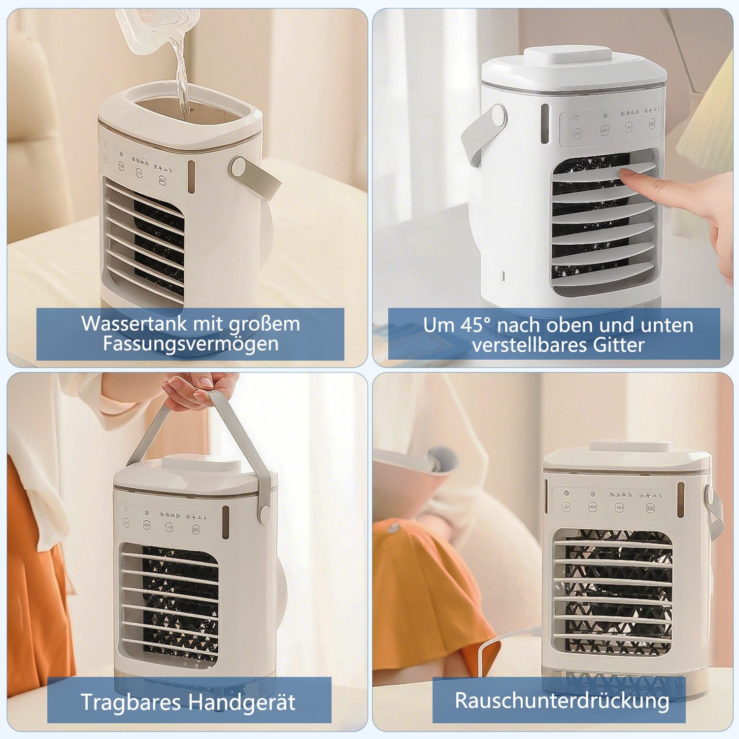 MOPUEA Standventilator Turmventilator Tischklimagerät Kühlventilator Mini Ventilator 4 Stufen, Mobiler Luftkühler Klimagerät Ventilatorkombigerät mit Wasserkühlung